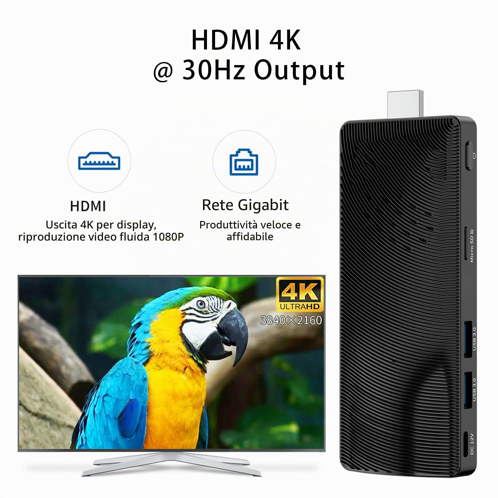 Mini PC Stick Win 10 Celeron J3455 4GB 64GB eMMC senza ventole Gigabit LAN 4K Video 1080P USB 3.0 per ufficio casa Digital Signage Network