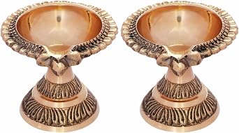 Brass Devla Emboss Diya with Stand - Set of 2 Traditional Indian Diwali Diyas for Home Decor & Pooja Ceremony Handcrafted Antique Embossed Design for Religious Festivals & Hindu Worship - Gold