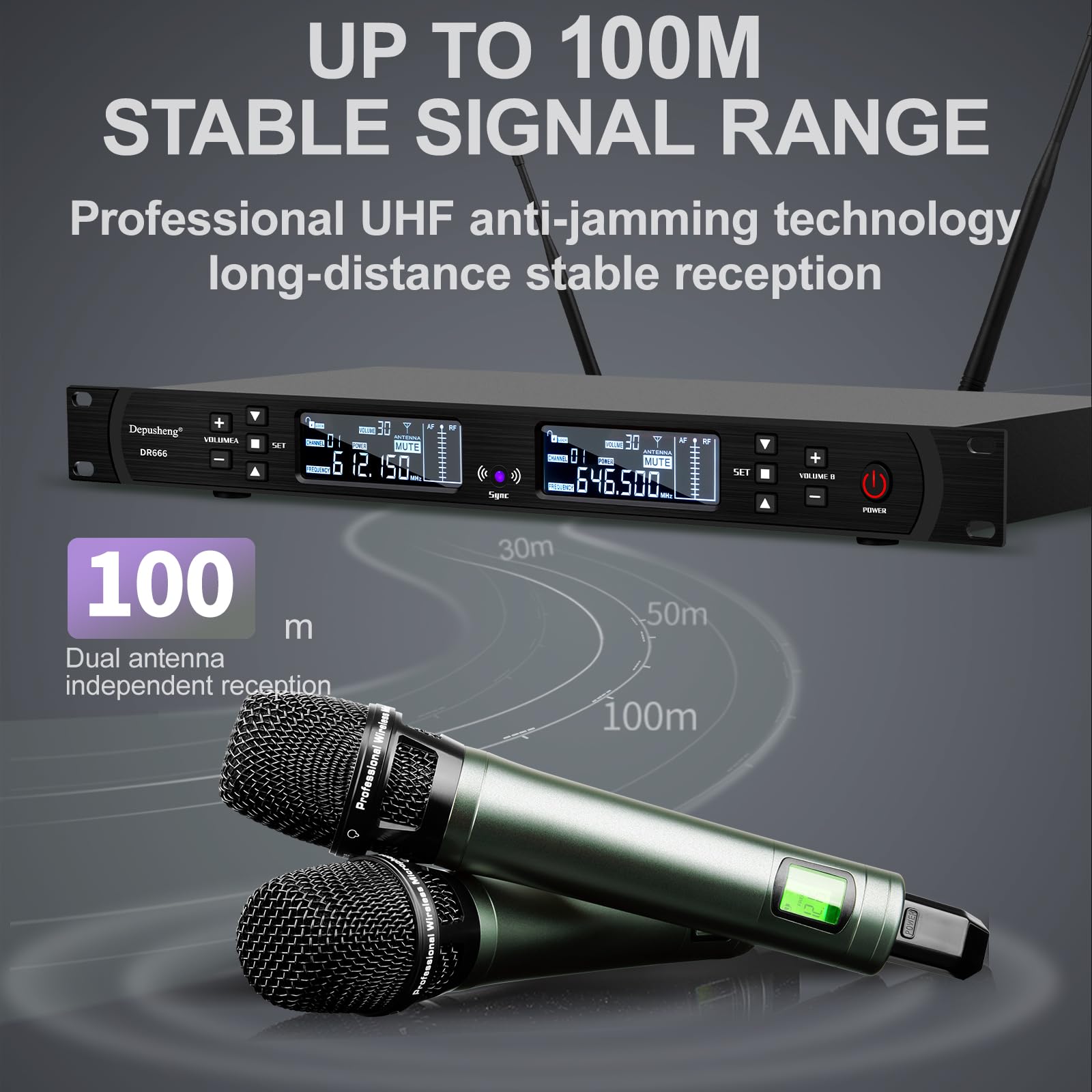 Depusheng DR666 Microfono wireless professionale Karaoke Doppio microfono senza fili palmare, scocca in metallo, ricezione a lunga distanza 100 metri, dedicato per il palcoscenico del bar
