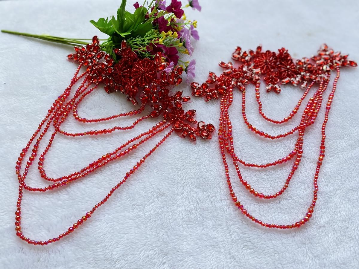 1 Pair Beaded Rhinestones Applique Embellishment for Clothes Epaulettes Shoulder Patches Sew-on Diamond Sequin Tassels Applique for Wedding Dress DIY Accessories 9.8X10.2inches (Red)