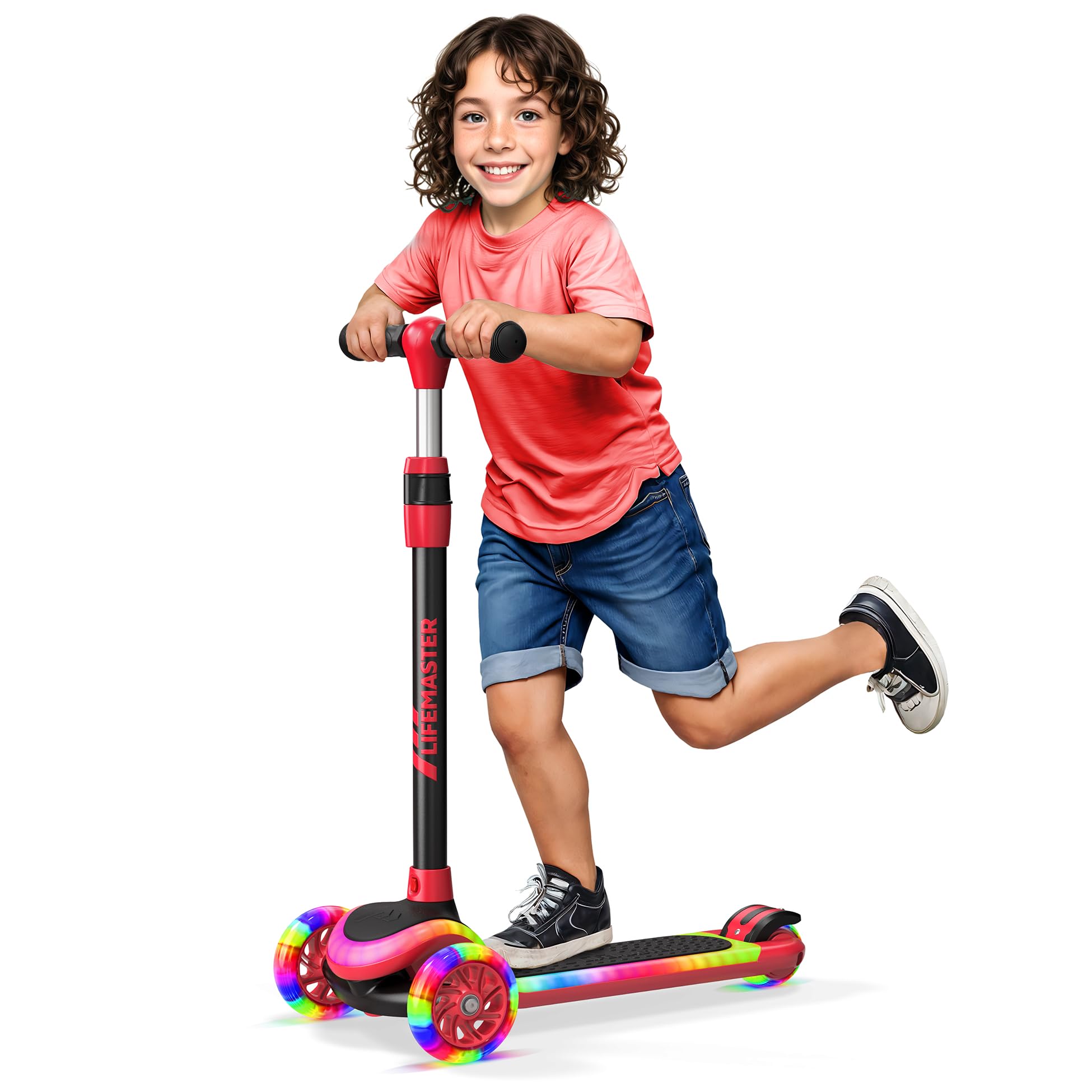 3-Wheel Kids Scooter with Multi-Color Lights on Deck & Wheels – 5-Height Adjustable Handlebar, Wide Anti-Slip Deck, Child Safety Certified, Boys &