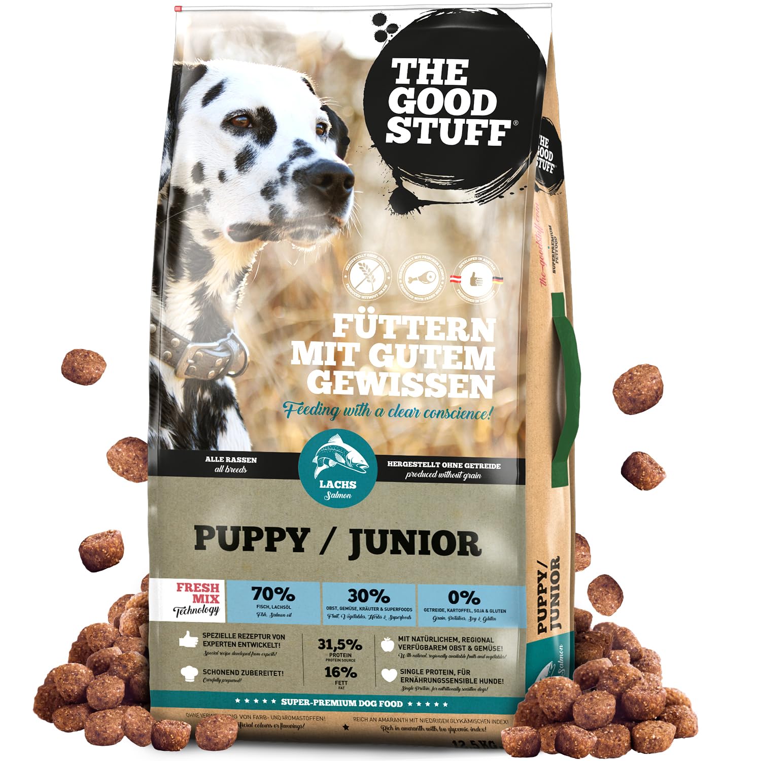 The GOODSTUFF Lachs (Puppy/Junior) 12,5 kg | Getreidefreies Hunde Trockenfutter Junior | Mit frischem Lachs | Hundetrockenfutter für Welpen & Junghunde | Super-Premium Welpen Trockenfutter