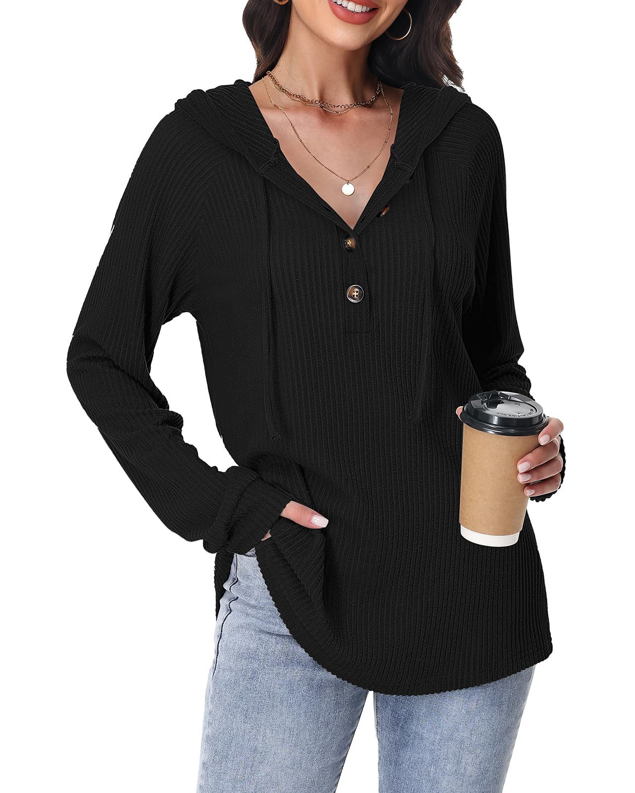Tanmolo Pullover Damen Hoodie V-Ausschnitt Kapuzenpullover Knopfleiste Leichter Strickpullover Langarm Sweatshirt Tops