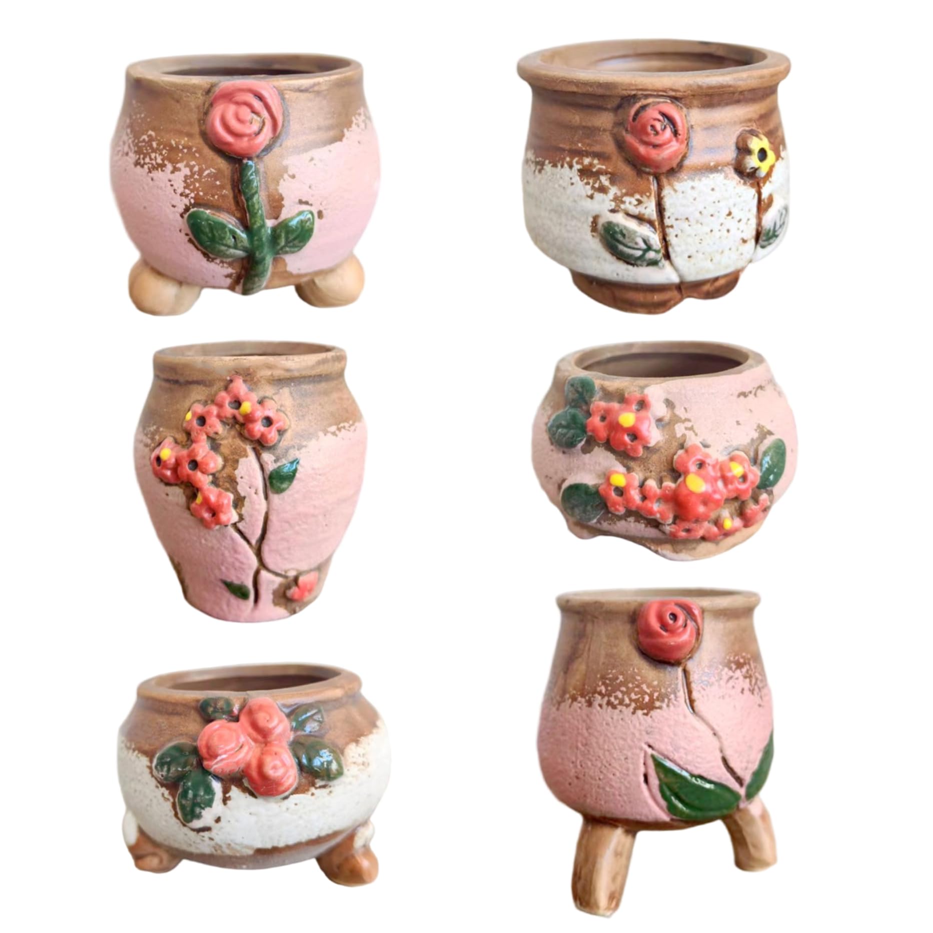 Xoeryoy 6Pcs Succulent Pots, 2.0-3.0 Inch Ceramic Planter with Flower and Leaves Design, Bonsai Pot for Women, Mom, Plant Lover ;1