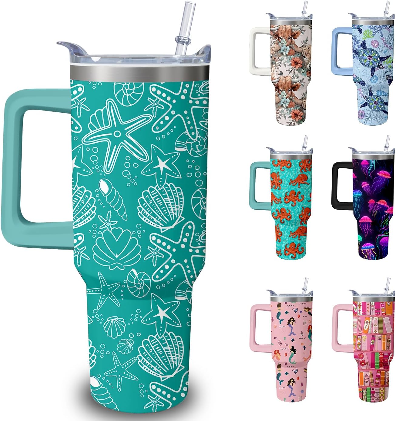40oz Starfish Tumbler with Handle and Straw, Animal Lovers Gifts for Women Men, Beach Conch Shell Stainless Steel Travel Mug Water Bottle, Blue Sea Ocean Vacuum Insulated Cup with Lid