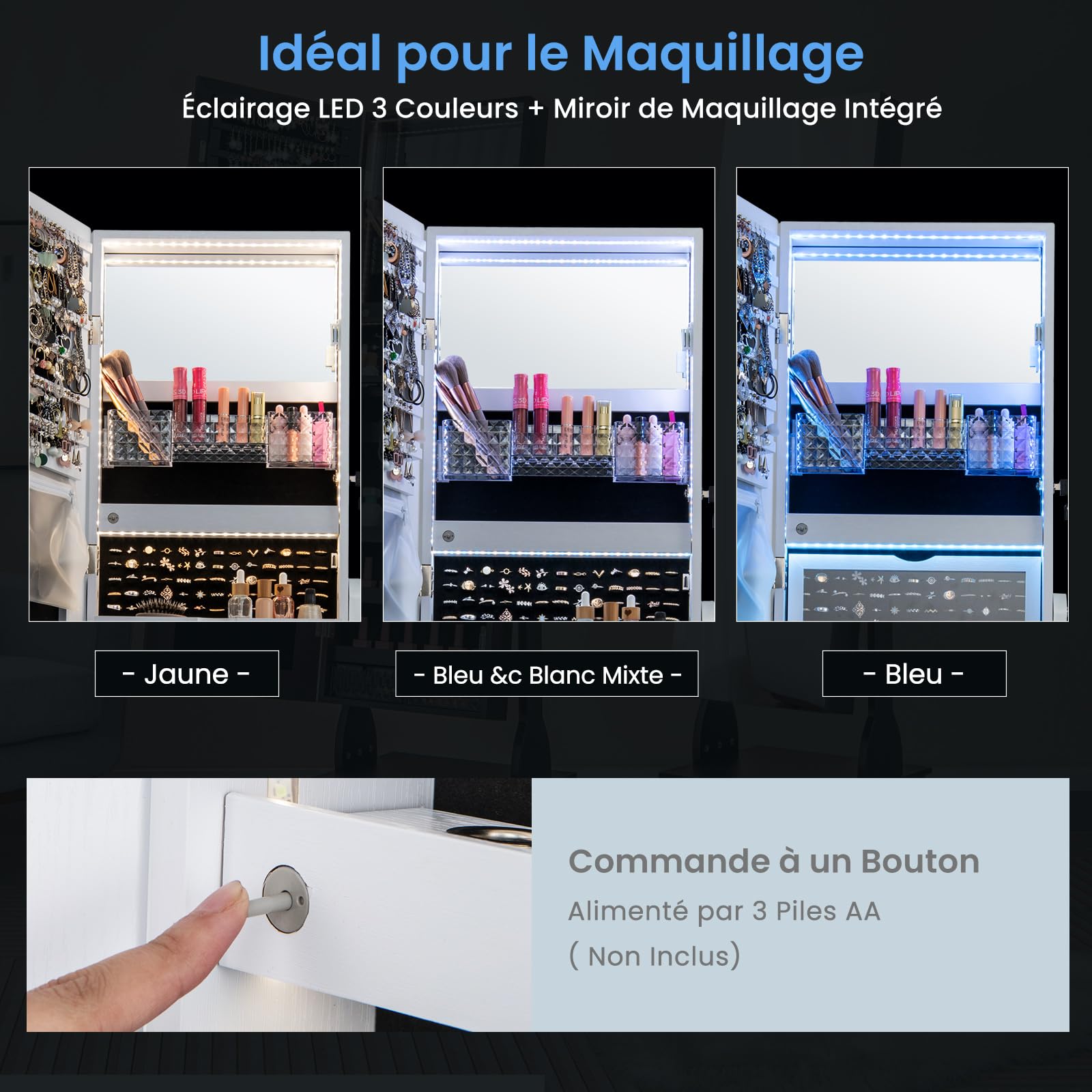 GOPLUS Armoire à Bijoux avec Roues, Organisateur de Bijoux Verrouillable avec LED 3 Couleurs, 3 Angles Réglables, Miroir Intégré, Armoire à Bijoux avec Miroir sur Pied avec Grand Rangement (Blanc)