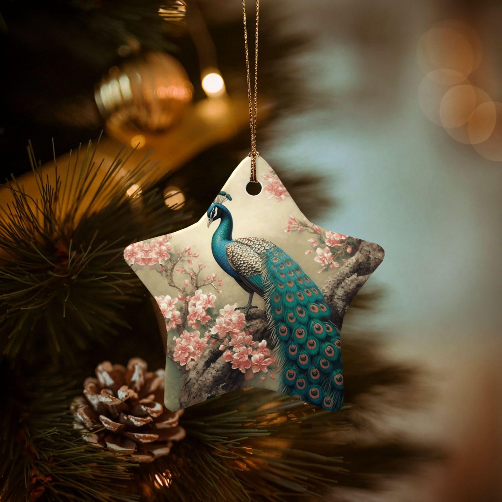 Christmas Tree Ornaments Ceramics Christmas Decorations Oriental Peacock Ornaments with Gold Ribbon Porcelain Xmas Tree Crafts Star Shape Hanging Pendant for Christmas Tree Party Decor