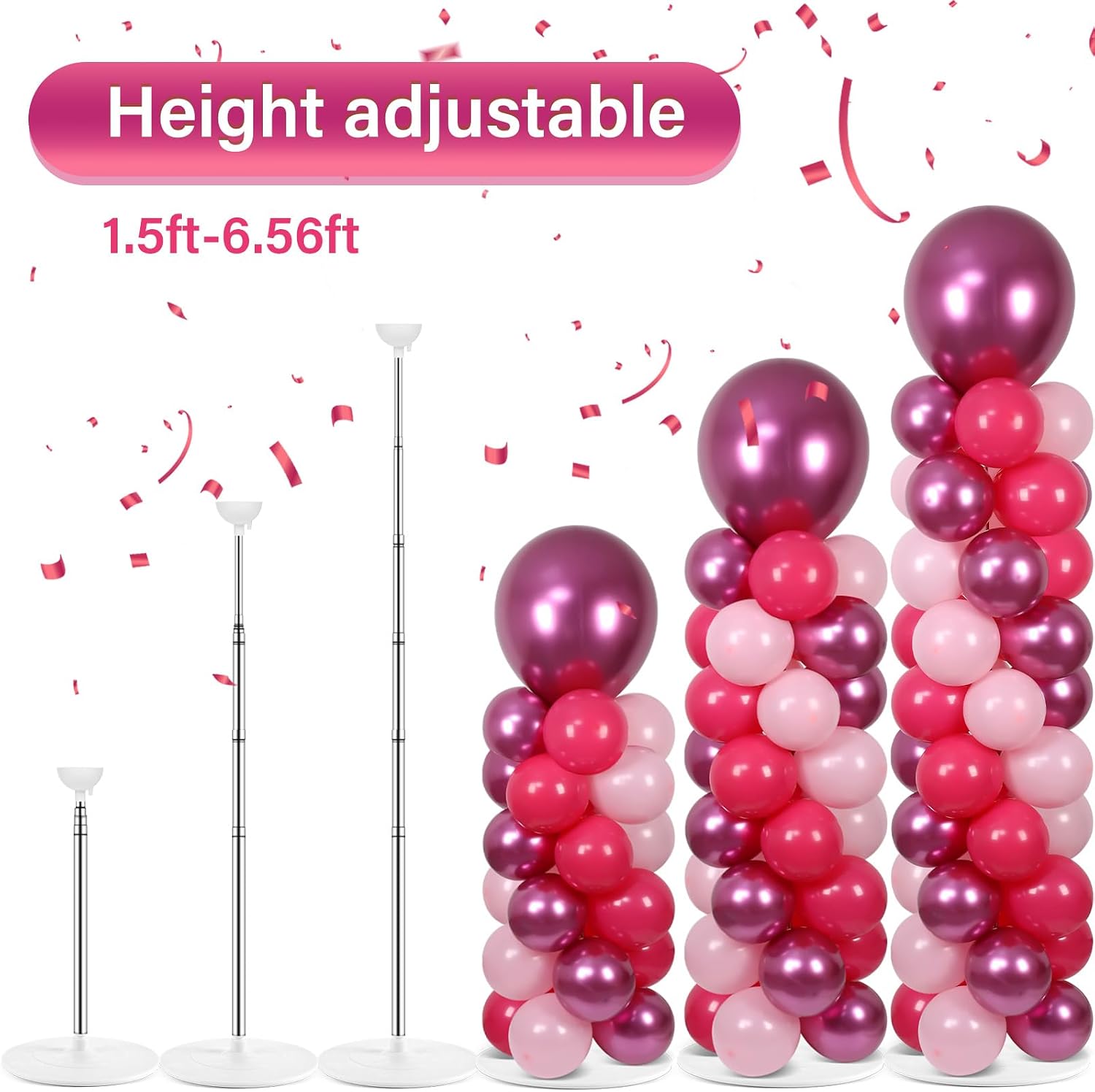 2 Sets Pink Balloon Column Stand Kit with 100 Balloons Adjustable Balloon Tower Stand with Bases for Floor Hot Pink Column for Girls Graduation Mother's Day Birthday Wedding Spring Party Decor