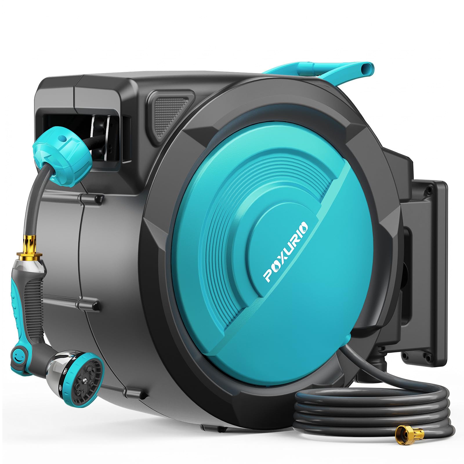 1/2" 160FT Retractable Garden Hose Reel - POXURIO Heavy Duty Automatic Wall Mounted Hose Reel Upgraded UV Resistant, 3/4" Brass Fitting, 10 Pattern Nozzle, 180° Swivel&Any Length Lock Slow Retraction