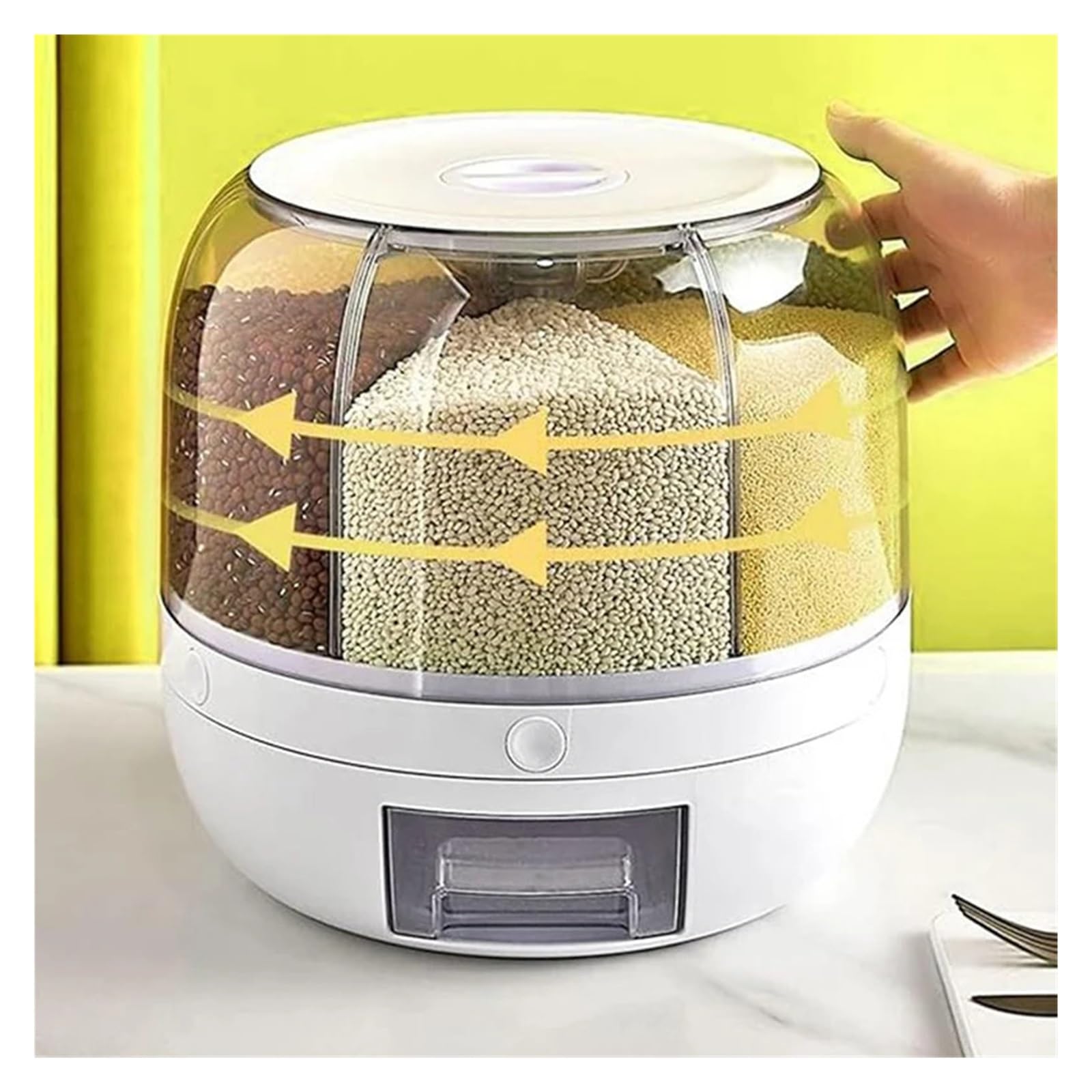Contenedor dispensador de granos giratorio 360° de 6 compartimentos | Diseno de 6 compartimentos con salida de un toque, para arroz, granos y cereales secos, reutilizable