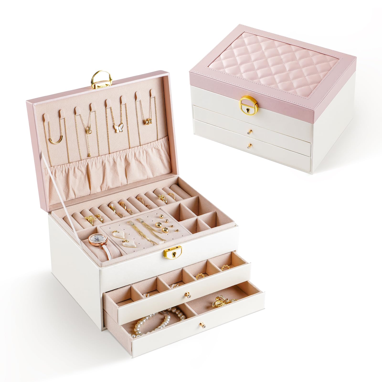 CASEGRACECASEGRACE Jewelry Organizer Box, Three Layer Jewelry Display Case 2 Drawers for Necklace Earrings Bracelets Storage, Large Capacity Jewelry Box for Women Girls, Pink