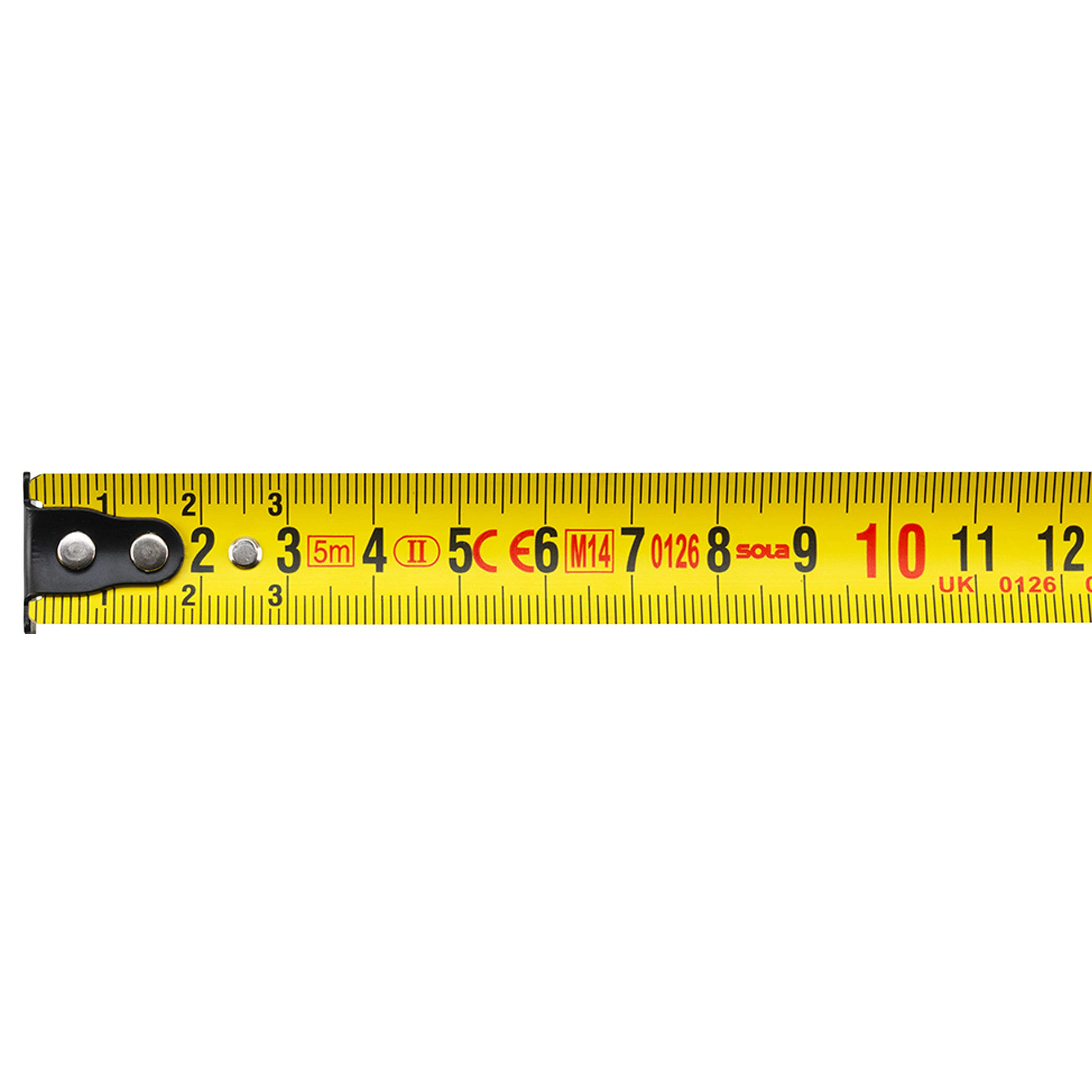 SOLA COMPACT – Metro a nastro 5 m/19 mm – Metro tascabile con clip per cintura – Nastro in acciaio laccato giallo con scala mm – Classe di precisione II – Metro con gancio terminale mobile – Lunghezza