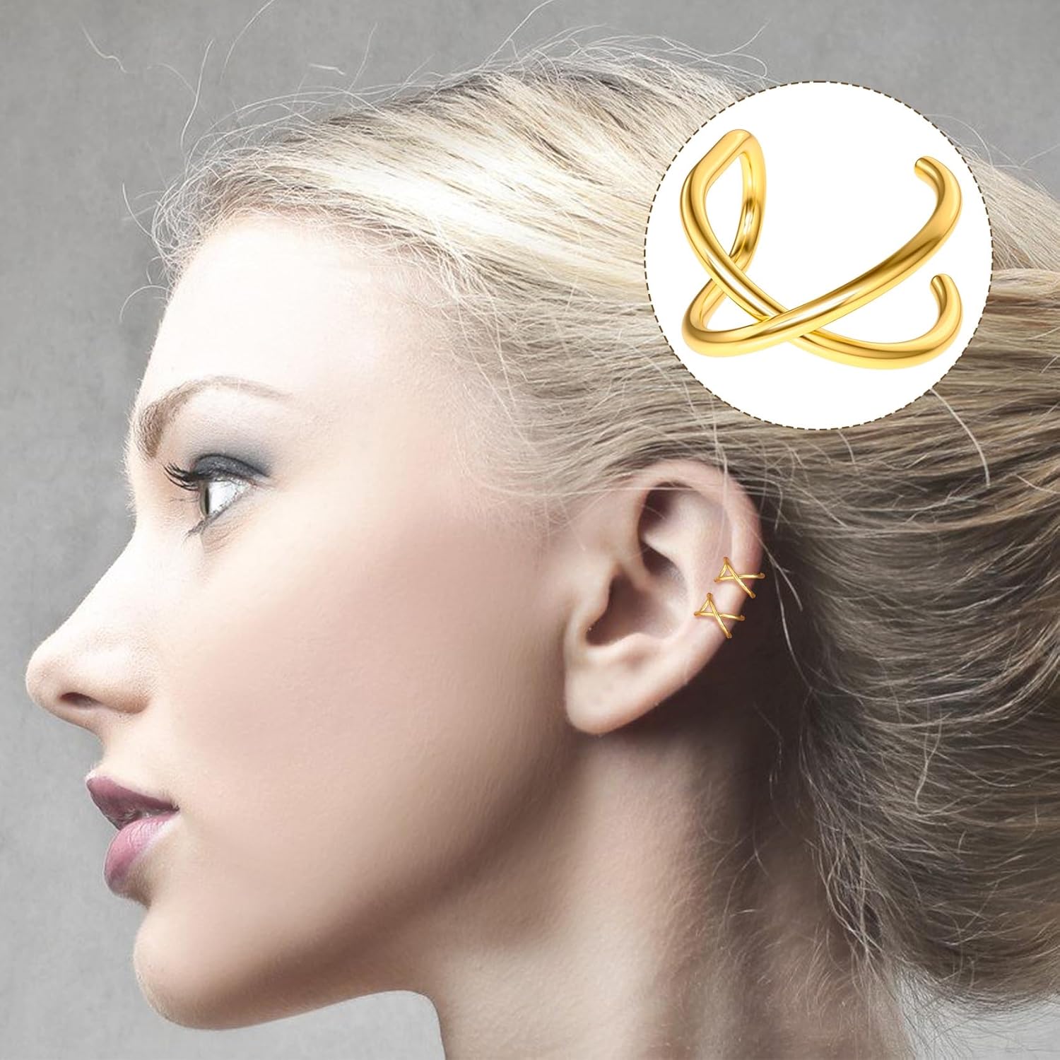 PAGOW Fake Helix Ear Cuff Cartilage Earring, No Piercing Sterling Silver 14K Gold Plated Simple Criss Cross Double Lines - Image 4