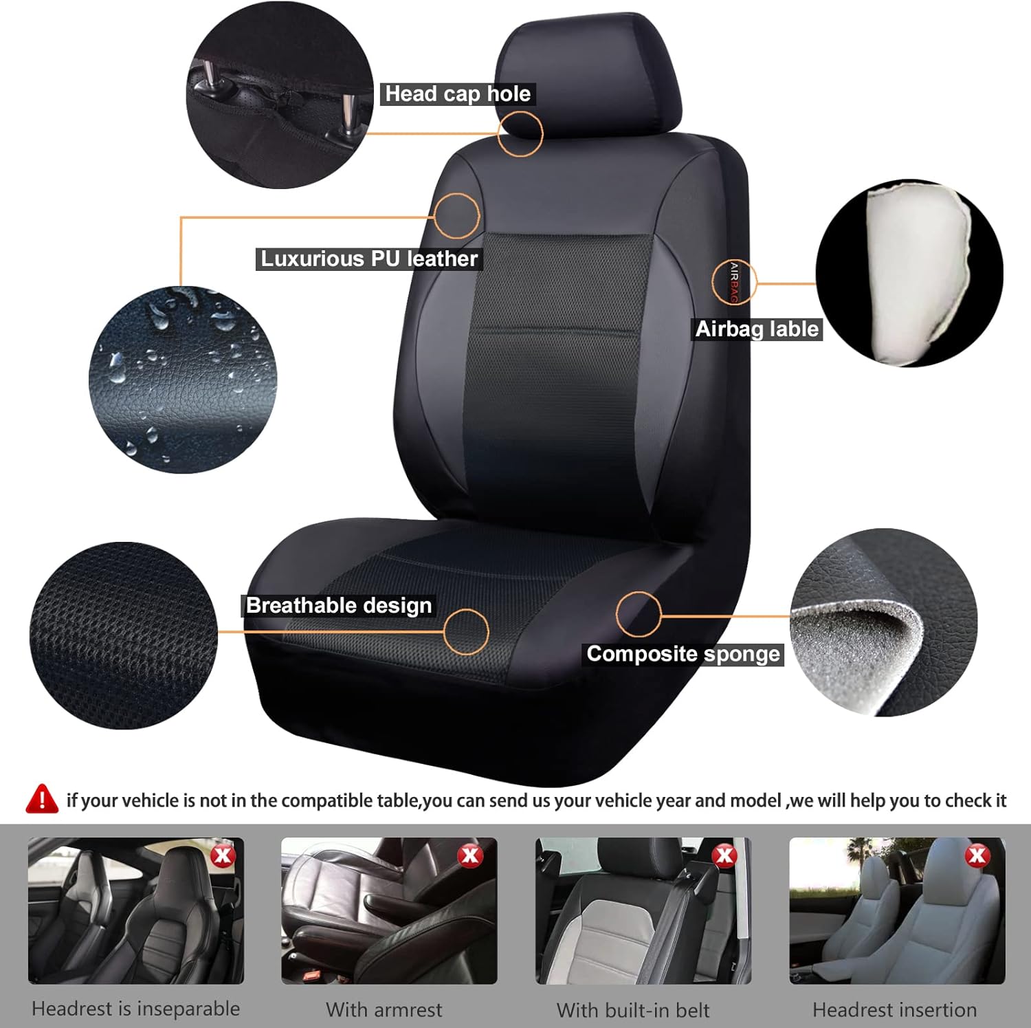 CAR PASS Luxurous PU Leather Automotive Universal Three Row Seat Covers Set with 7 Headrests Package-Universal fit for Vehicles with Super 5mm Composite Sponge Inside,Airbag Compatible(Black)