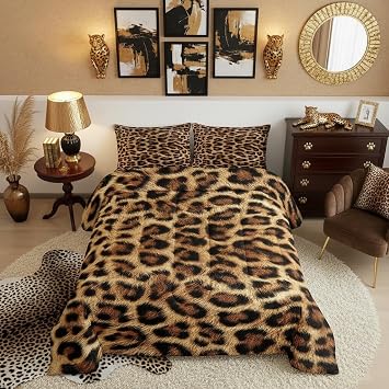 Castle Fairy Leopard Print Bedding Set,Brown Cheetah Skin Super Soft Microfiber Comforter Set for Women Adults Bedroom Decor,Abstract Art Brown Black Spots Decorative Bed Quilt Set,3 Pcs,Queen Size