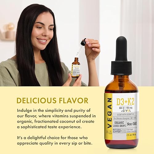 Miniatura 6 de Vitamina D3 + K2 gotas líquidas (MK4 y MK7) Aceite de coco fraccionado orgánico, a base de plantas, sin gluten, sin lácteos, sin soja, sin nueces,