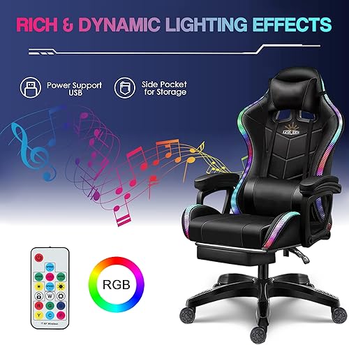 B0C4HBRJVJ_image_3 Silla LED para videojuegos, silla de juegos para computadora con altavoces Bluetooth y luces RGB, masajeador completo, silla giratoria reclinable,