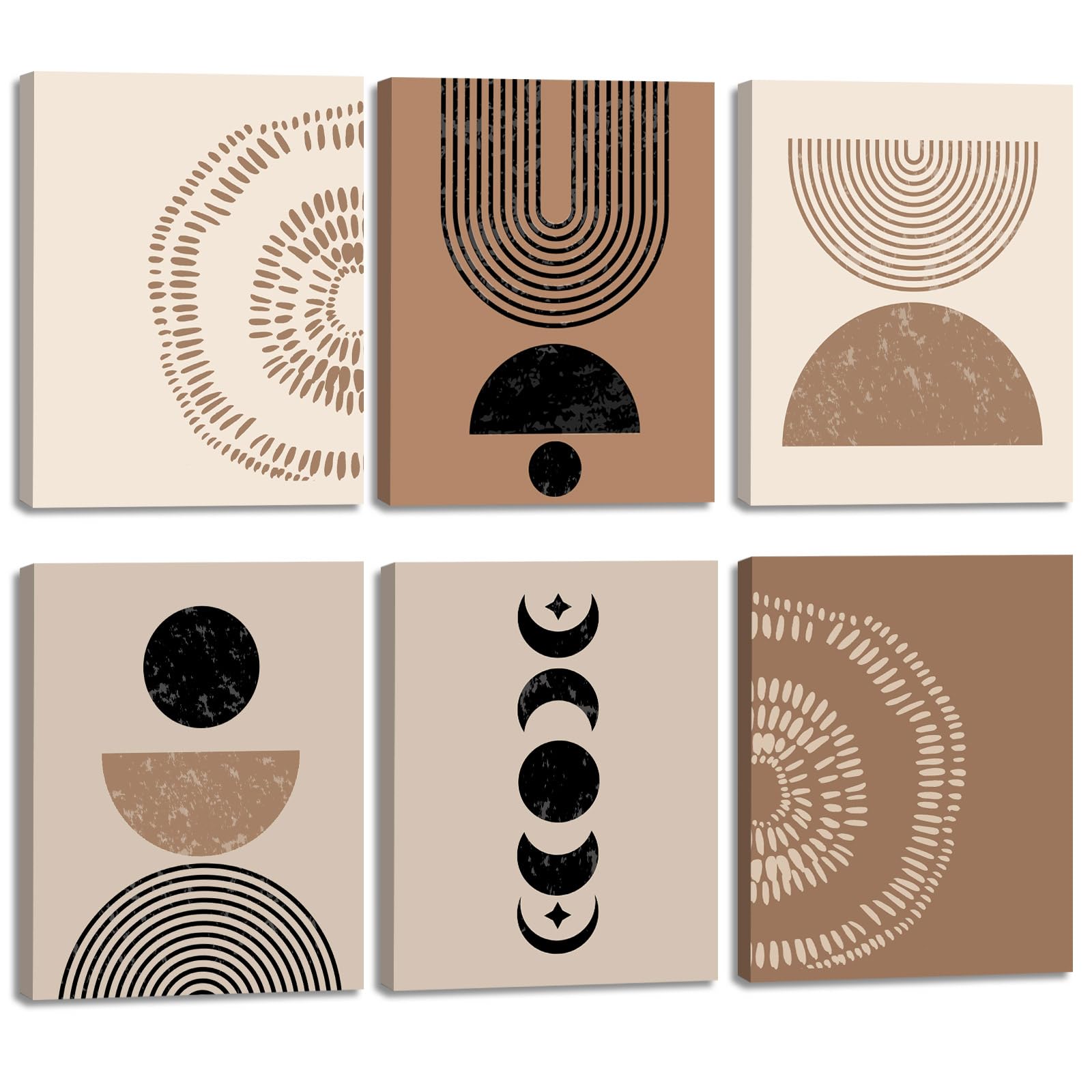 ANHUIB 6Pcs Boho Wandbilder Set Bilder Abstrakt mit Rahmen Geometrische Linie Wandkunst Beige Braun Neutrale Leinwand Wandbilder Moderne Boho Poster Wanddeko Wohnzimmer Schlafzimmer Büro Deko 20x25cm