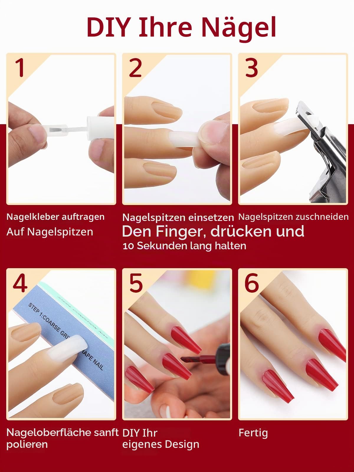 Yokilly Übungshand Für Nageldesign,Silikon Hand Für Gelnägel-100 Stück Künstliche Nägel,Fake Nägel Übungshände Hand Training Übungsmodell Nail Art Maniküre Set Für DIY