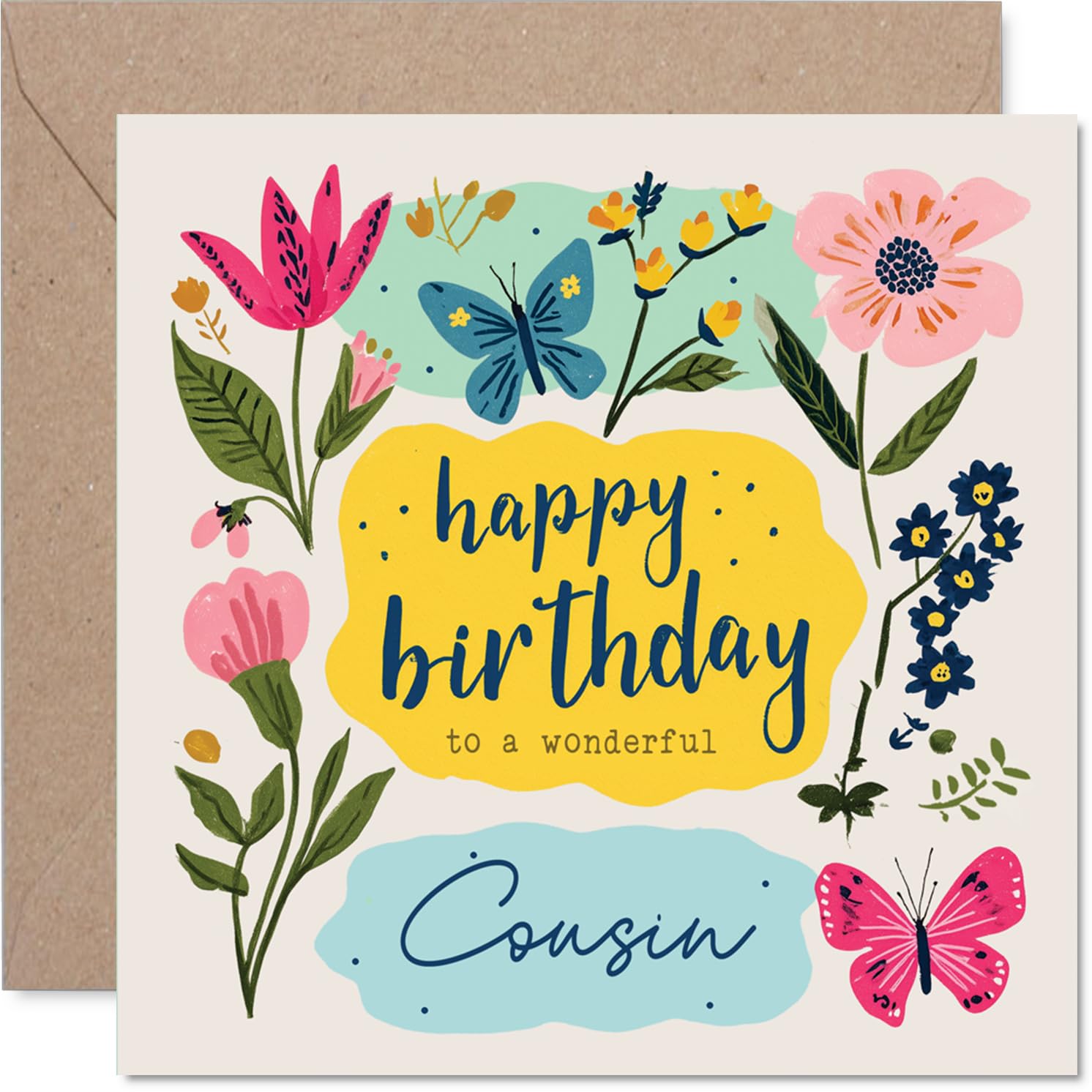 Heartfelt Birthday Card for Cousin - Bursting with Colour and Joy - Vibrant Flowers and Butterflies Design - Sure to Brighten Her Special Day - 145mm Square, Envelope Included