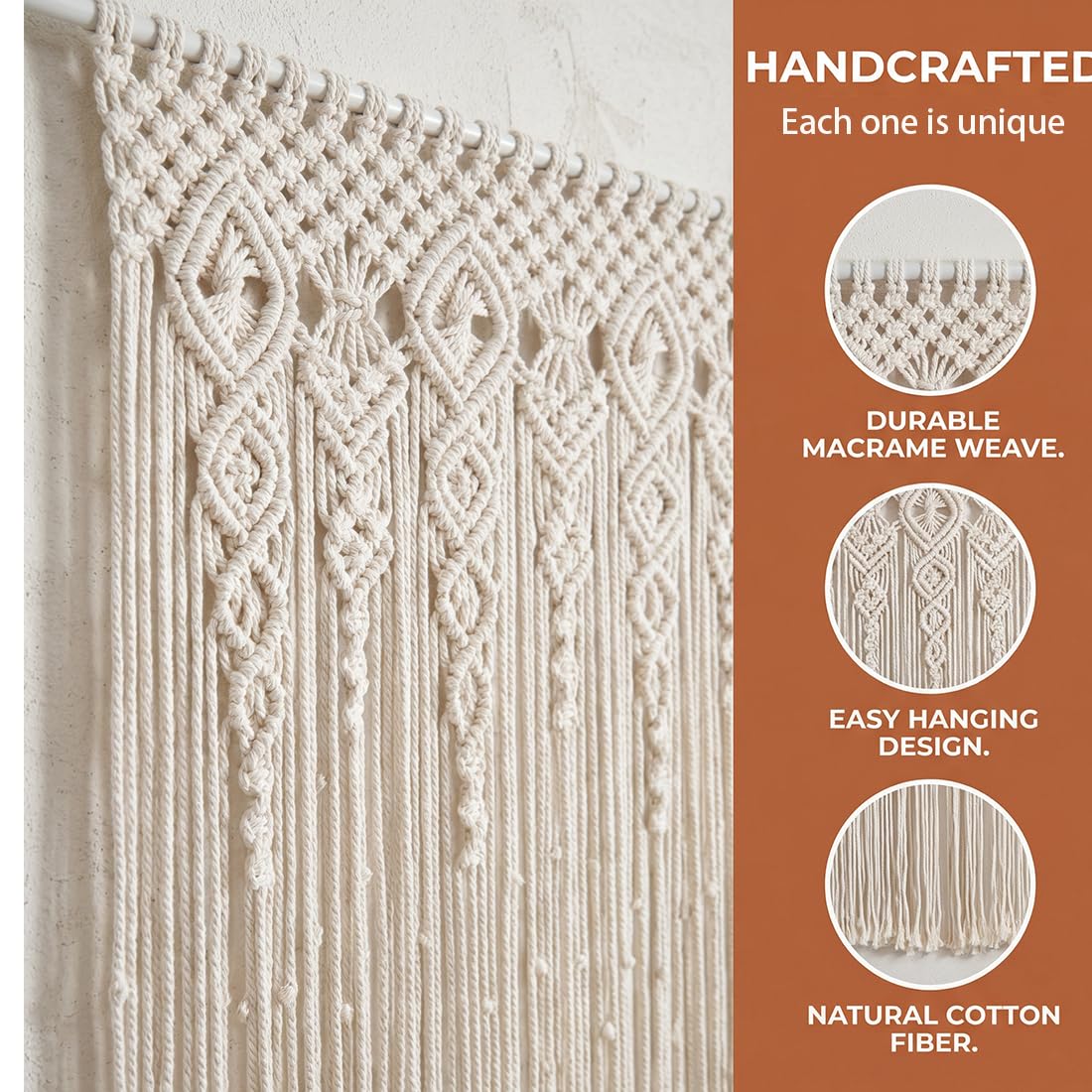 Arazzo da parete in macramè, stile bohémien, tessuto a mano, in macramè, decorazione da parete per divisori, tende per finestre, matrimoni, decorazioni da parete per la casa, beige (35 x 70 cm)