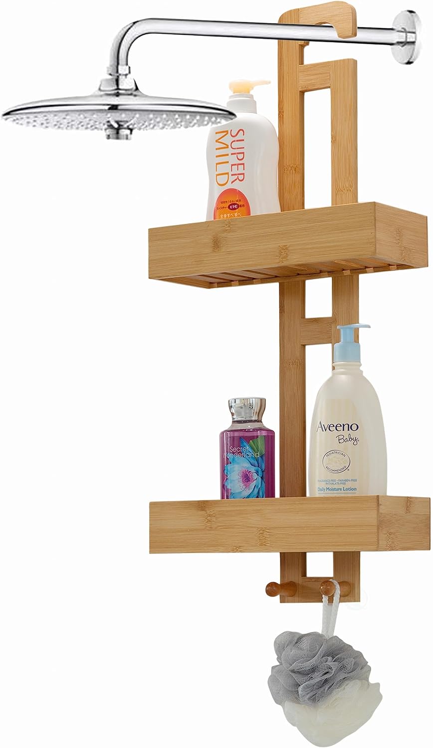 Bathroom Multi-function Natural Bamboo Storage Rack Over Shower Head Organizer, Shower Ball, Shampoo, Conditioner, Soap Holder