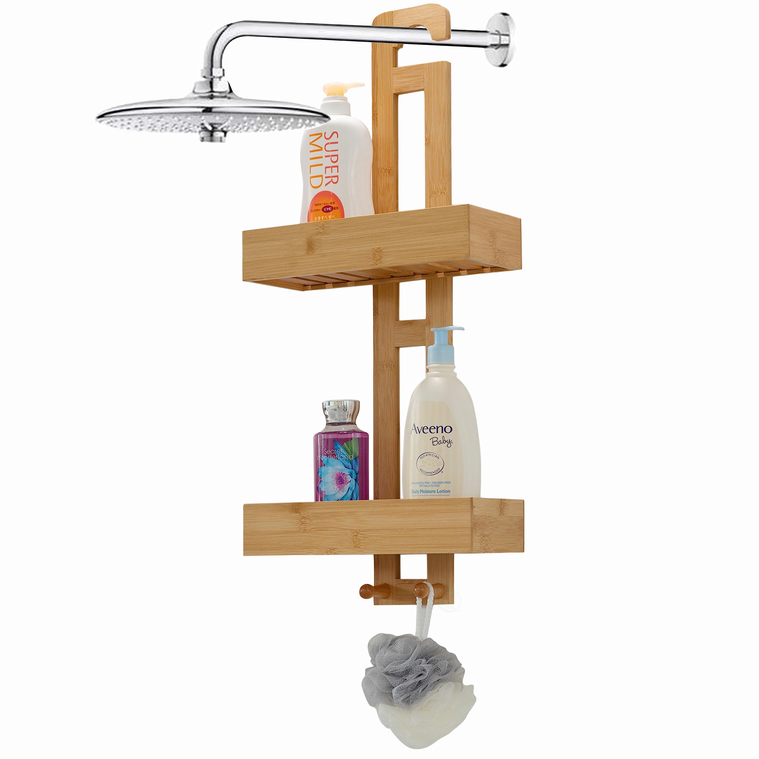 bathroom multi-function natural bamboo storage rack over shower head organizer, shower ball, shampoo, conditioner, soap holder