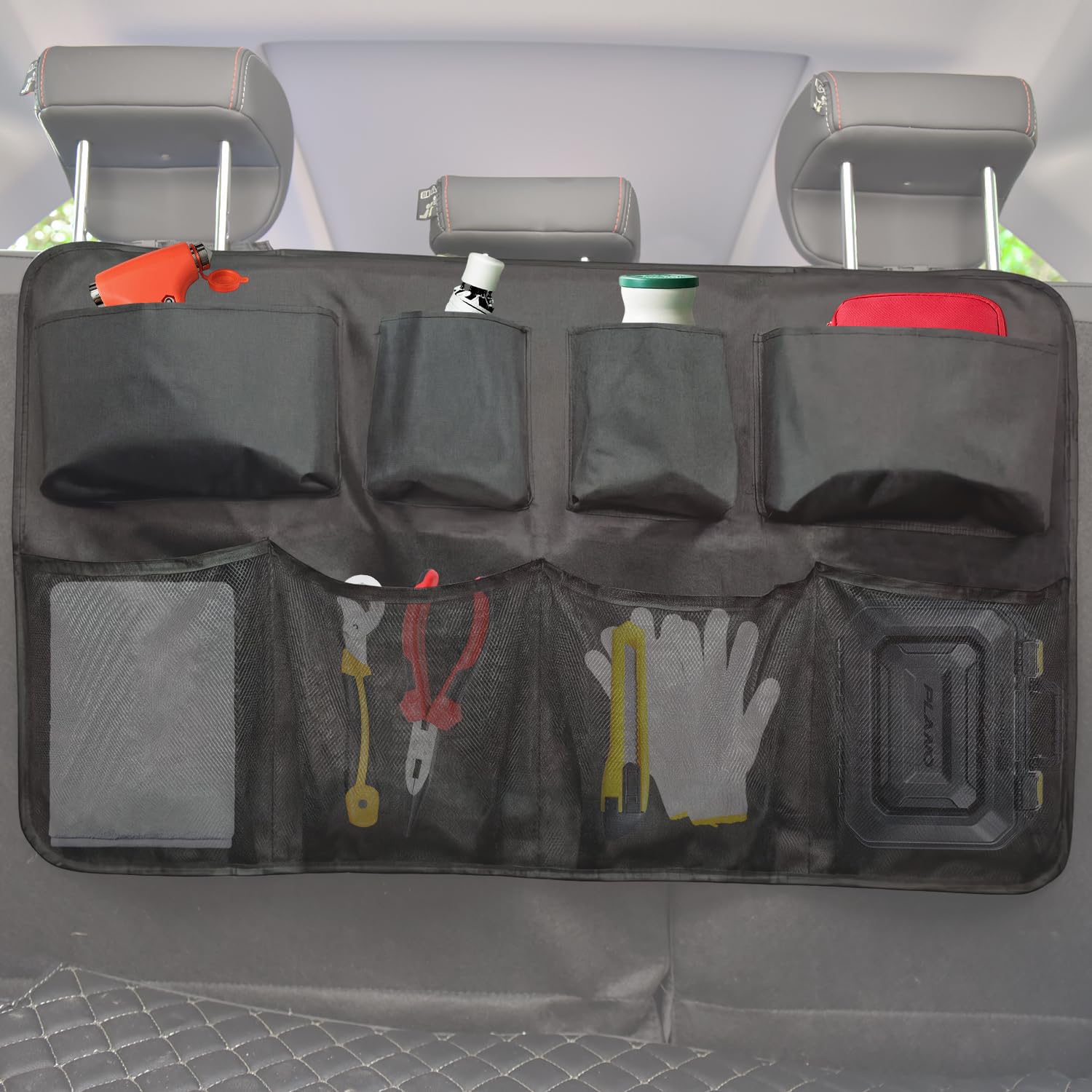 Rangement Coffre Voiture 1860D – Organisateur de Siège Arrière Pliable pour SUV, 8 Poches, Accessoire Voiture Enfant – Noir | Organiseur de coffre de voiture - Accessoires d'intérieur - Tissu Oxford 1680D imperméable - Noir