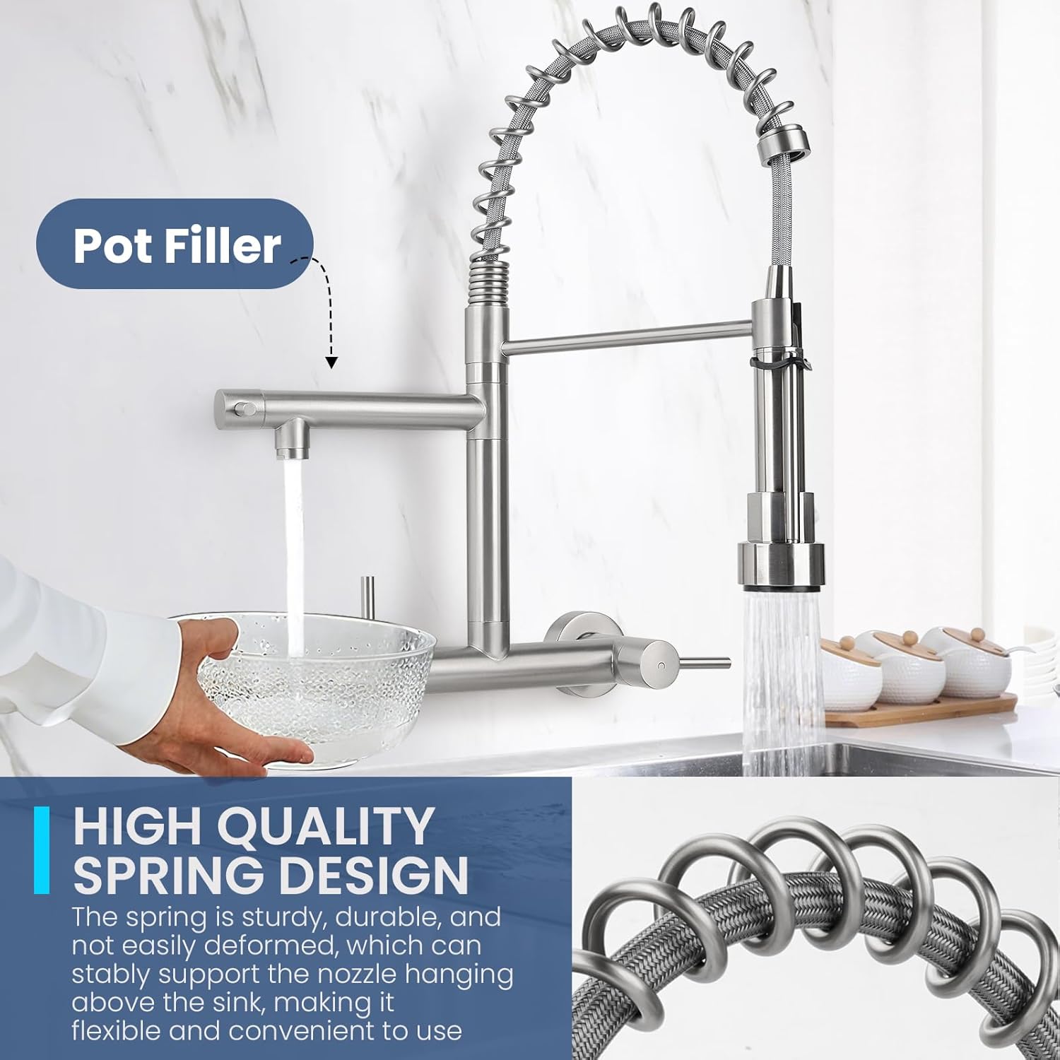 Wall Mount Kitchen Sink Faucet, 8 Inch Center Commercial Faucet with Sprayer & Swing Spout, Dual Handles for Kitchen Laundry Restaurant (Brushed Nickel with Swing Spout)