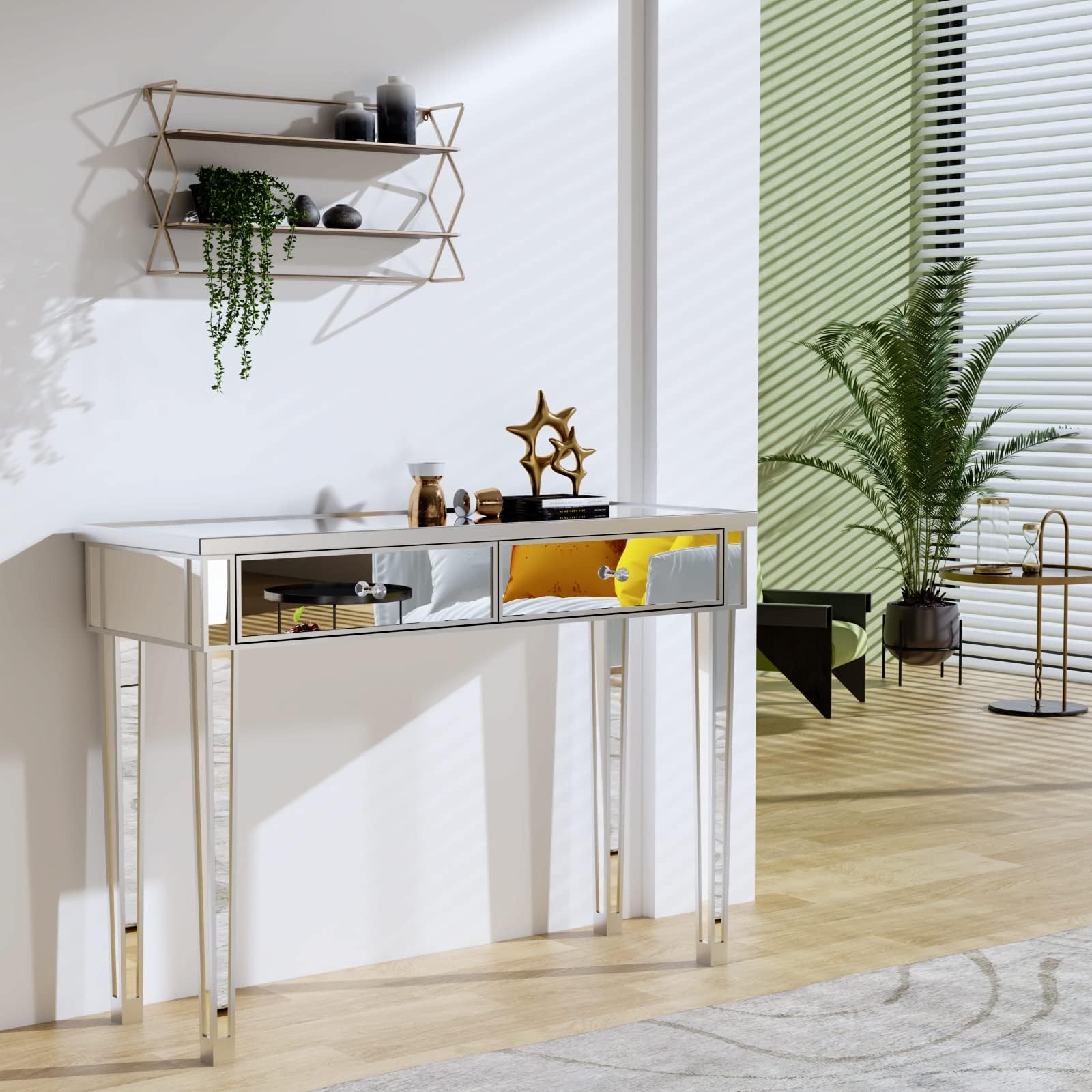 Bonnlo Mirrored Dressing Table Silver Desk Entry Table Vanity Table with 2 drawers Mirrored Console Tables for Entryway Mirrored Vanity Makeup Table for Teenage/Girls, Silver