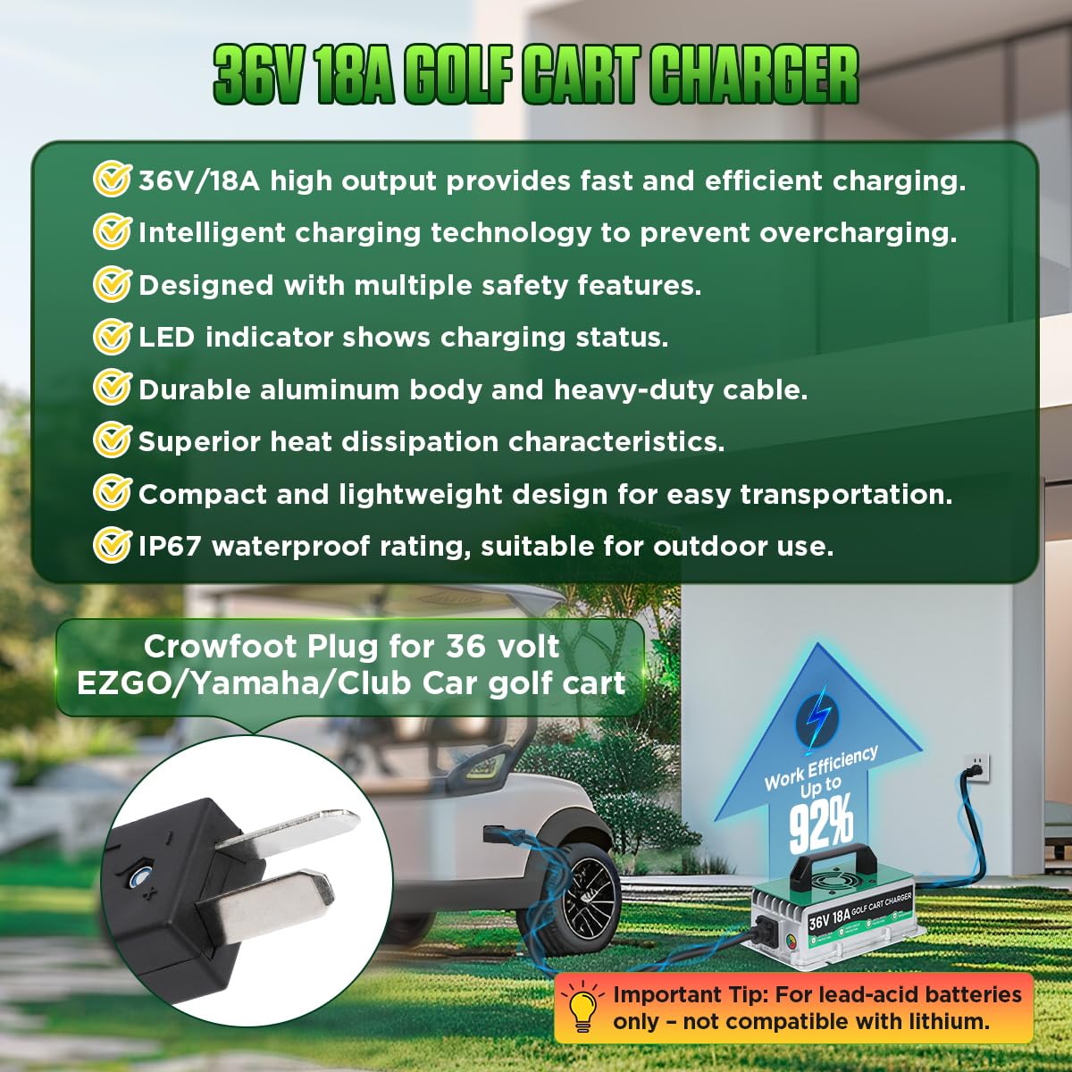 Chargeur de batterie 36 V pour voiturette de golf EZGO/Yamaha/Club Car 18 A