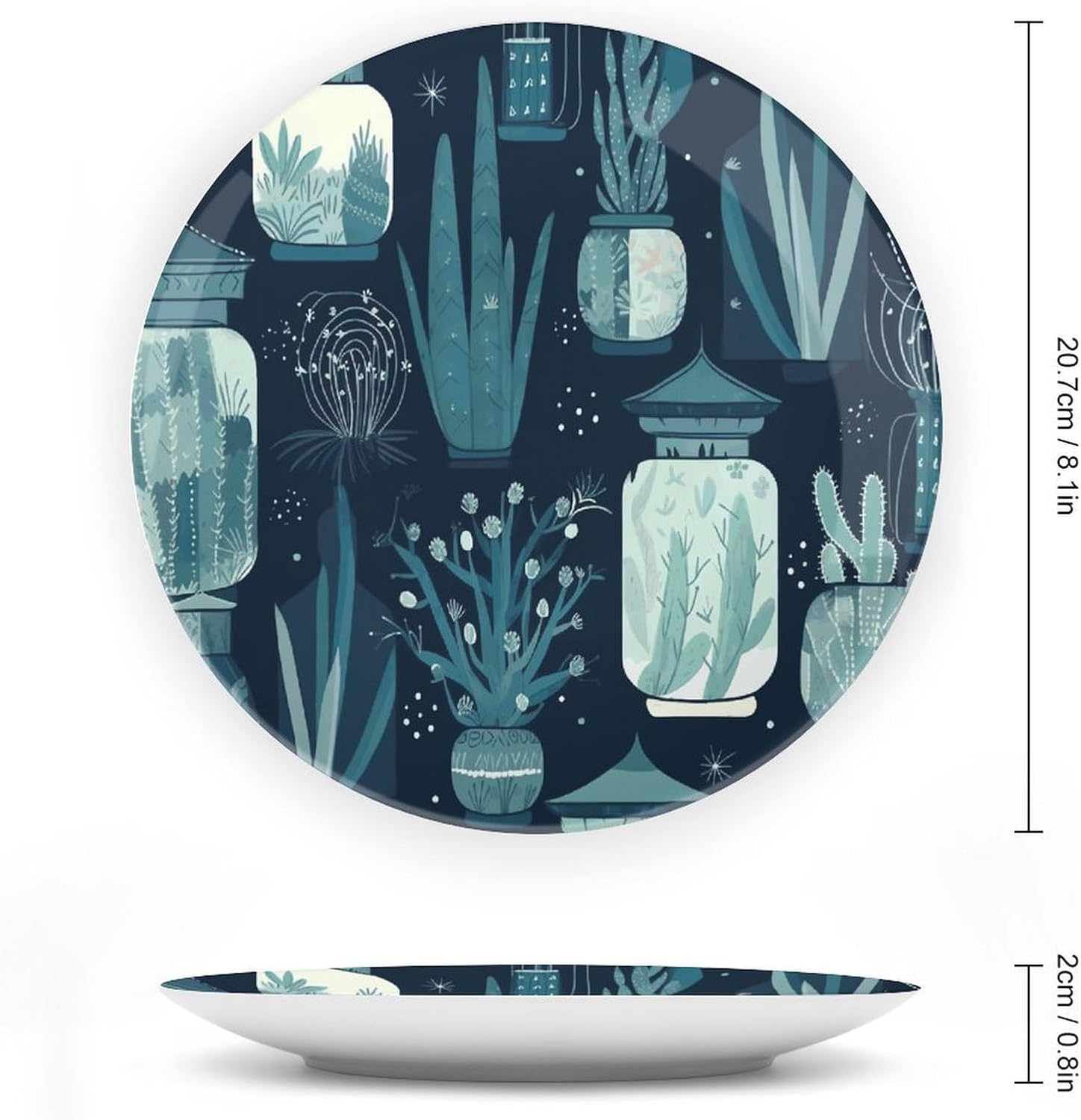Succulent Plants And Cactus Decorative Plates for Display Round Porcelain Plate Living Room Table Ceramic Hanging Decorative Plate Art Decor for Living Room Table with 1 Display Stand 8inch