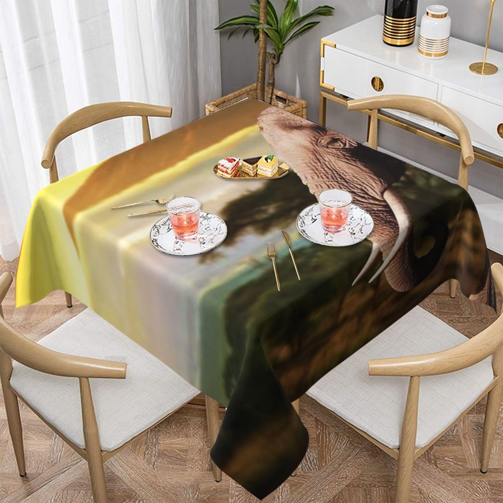 DCEHGEW Walking Elephant Prints Square Tablecloth 137x137 CM, Waterproof Fabric Table Cloth for Dining Table, Farmhouse Table Cover for Kitchen Dining Tabletop Decoration
