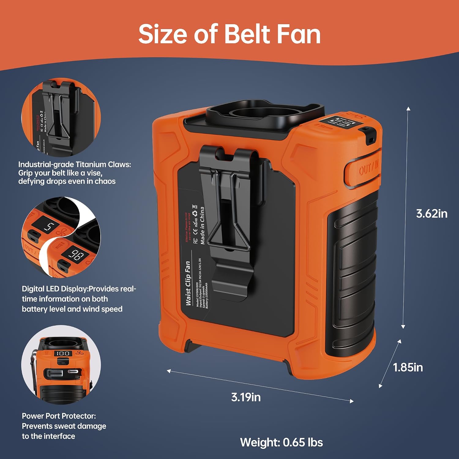Portable Waist Fan, 10000mAh Rechargeable Belt Clip Fan, 59ft/s Turbo Airflow, 18500RPM 6-Speed, Up to 35H Hands-Free Cooling with Bottom Air Intake, LED SOS Light for Jobsite, Outdoor Work, Camping