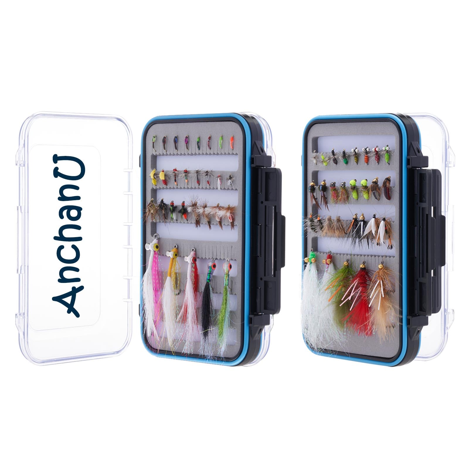 AnchanU 58 Pcs 29 Values Fly Fishing Flies Assortment Kit - Dry, Wet, Nymphs, Ants, Streamers, Woolly Bugger Premium Hand-Tied Fly Fishing Lures Kits for Trout, Bass, Salmon with Waterproof Fly Box