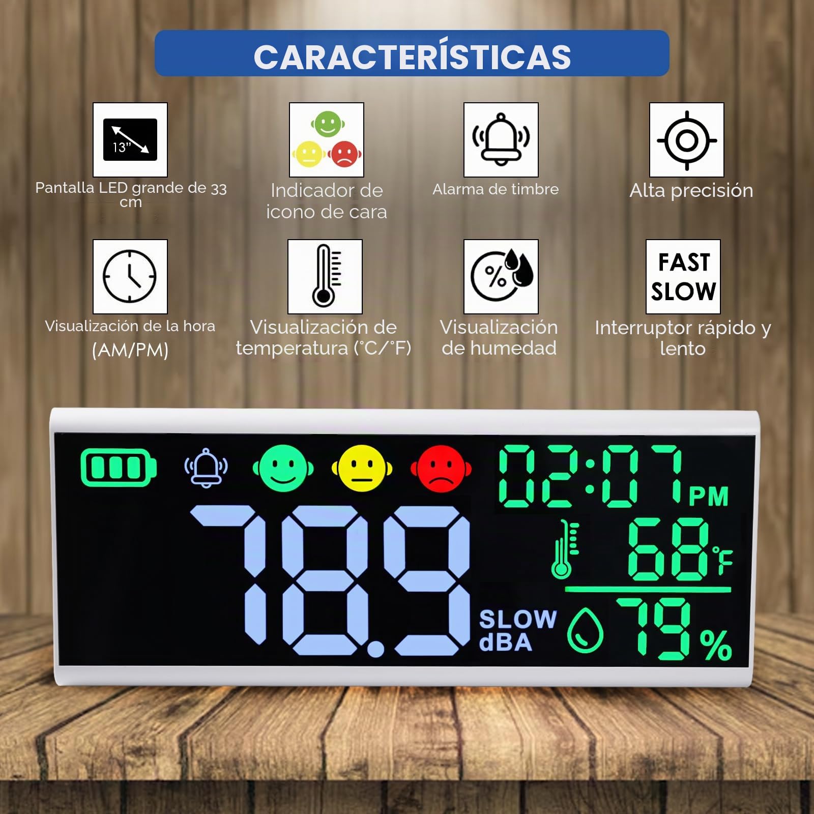 Medidor de decibelios de 13 pulgadas, medidor de nivel de sonido de pared y mesa, gran dispositivo LED para mostrar decibelios, hora, temperatura y humedad con zumbador y alarma de símbolo para aulas