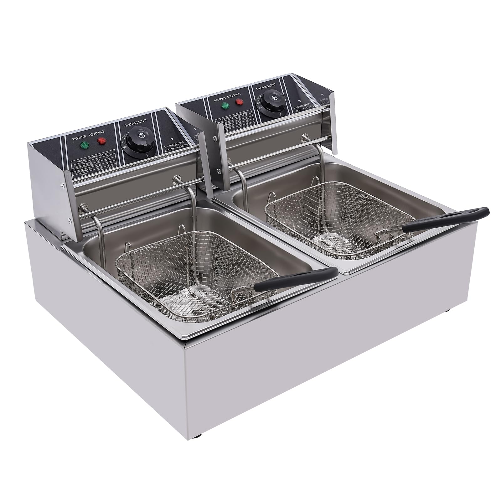 Friggitrice commerciale, friggitrice elettrica da 2500 W, con 2 cesti rimovibili, friggitrice in acciaio inox da 12 l con grande capacità, per cucina ristorante caffetteria bar argento regolabile 60