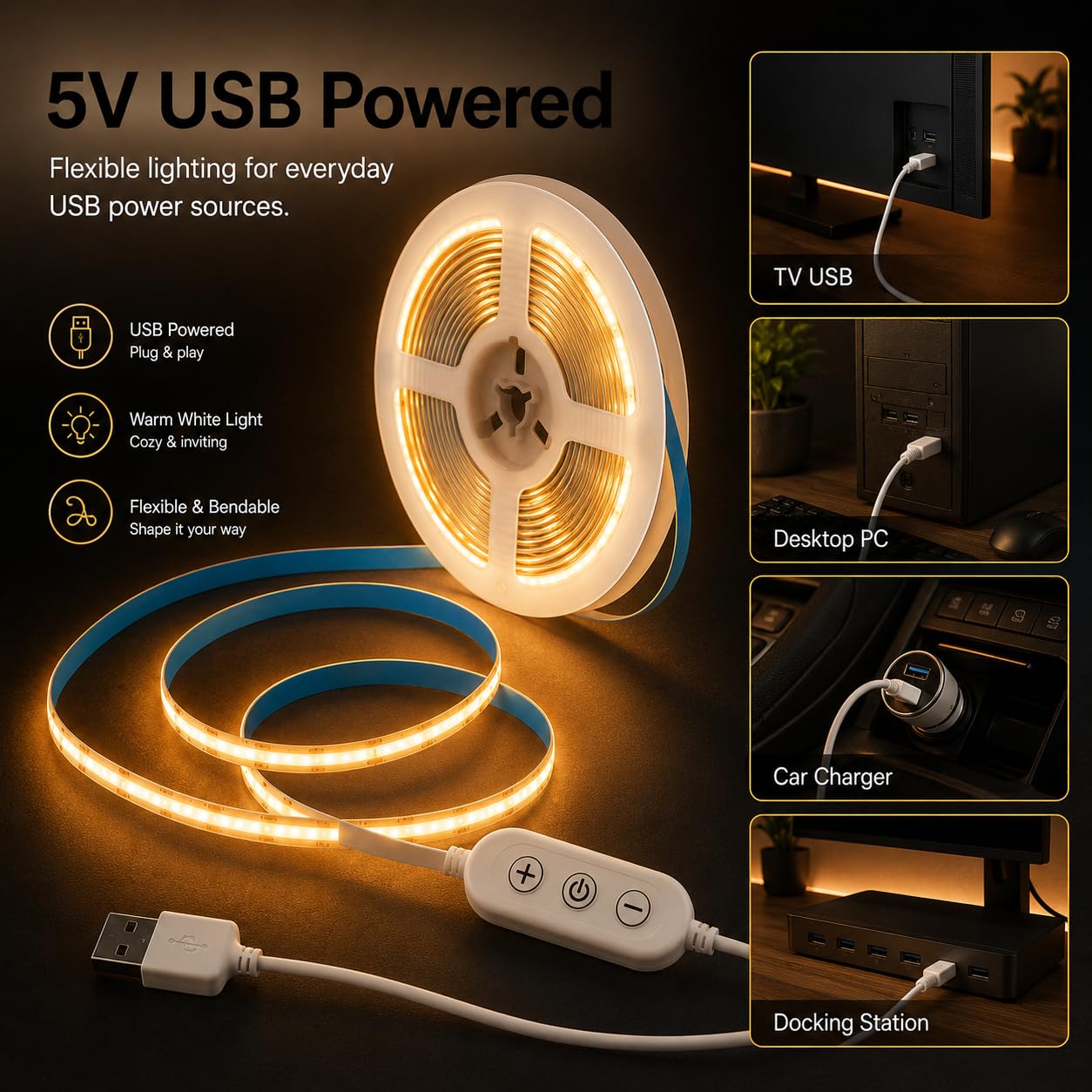 Taśma LED COB USB 3 m, 5V Barwa Ciepła Biel 2700K z Samoprzylepną Warstwą, 320 Diod LED/m z Możliwością ściemniania, do Oświetlenia Otoczenia Telewizora, Lustra, Szafki Podblatowej, Półki