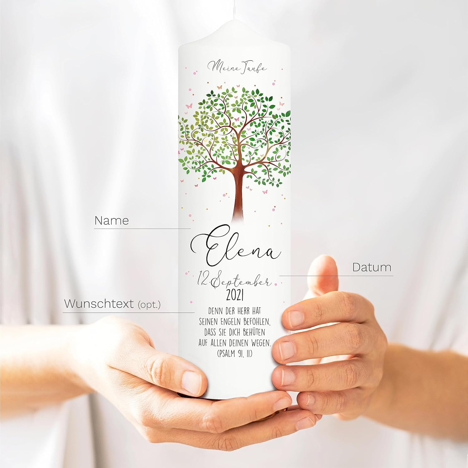Wandtattoo Loft Taufkerze Junge oder Mädchen mit Taufspruch, Motiv Lebensbaum, 25x7cm und Aufbewahrungsbox, personalisierte Erinnerungsbox, Holzkiste mit Schiebedeckel, bedruckte Kerzenbox zur Taufe