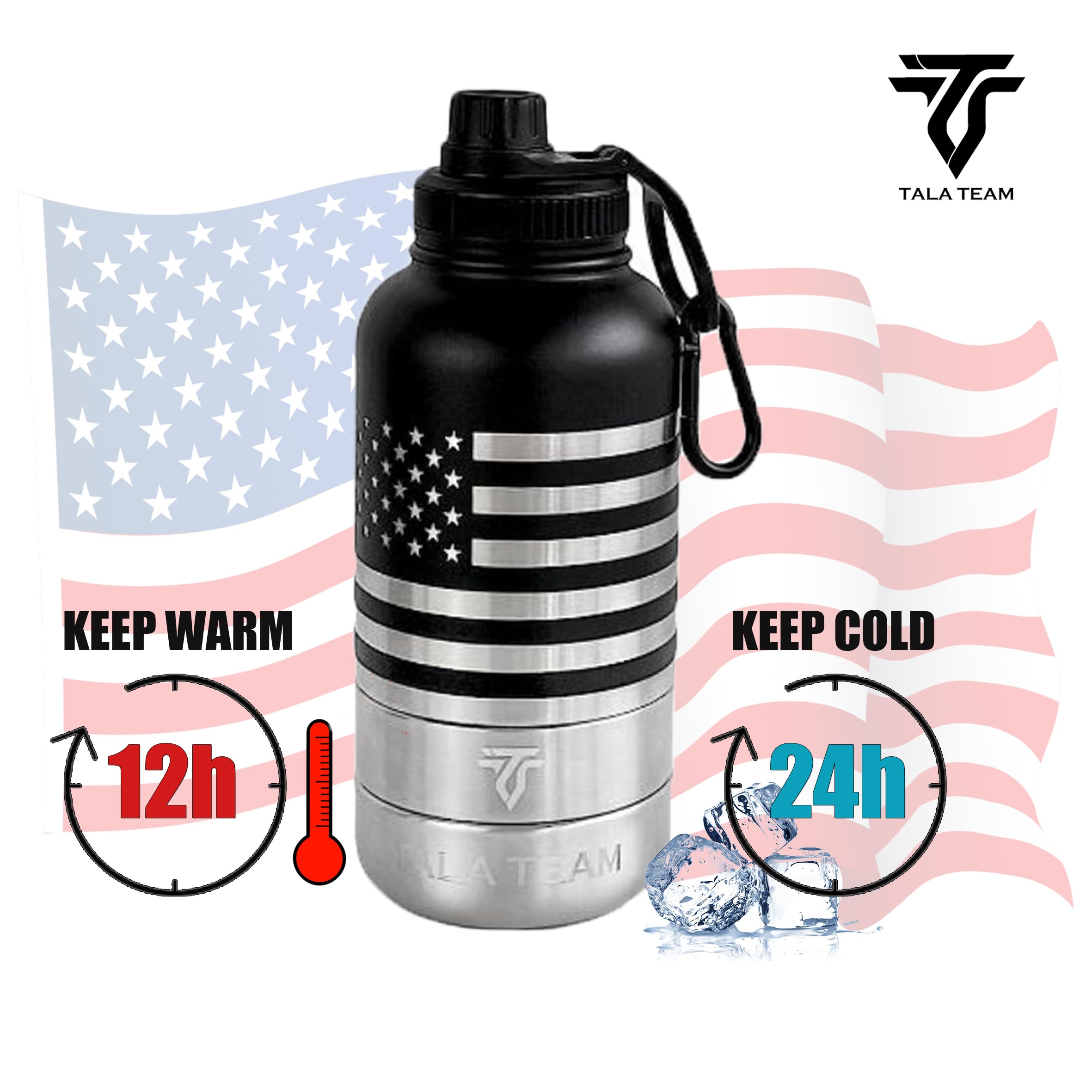 Botella de agua aislada portátil (32 onzas) – Botella de agua de viaje para perros con un gancho para senderismo y 2 cuencos adjuntos. Accesorios de viaje para perros, cuencos de viaje para