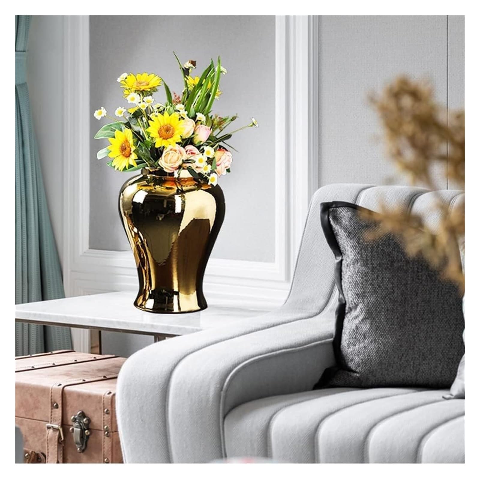 Wazon ceramiczny, słoiki na imbir z pokrywką do dekoracji, tradycyjne wazony na suszone kwiaty, chińska porcelana, dekoracja stołu (średnica 22 * 39 cm) (szary wilk 18,5 * 35 cm)