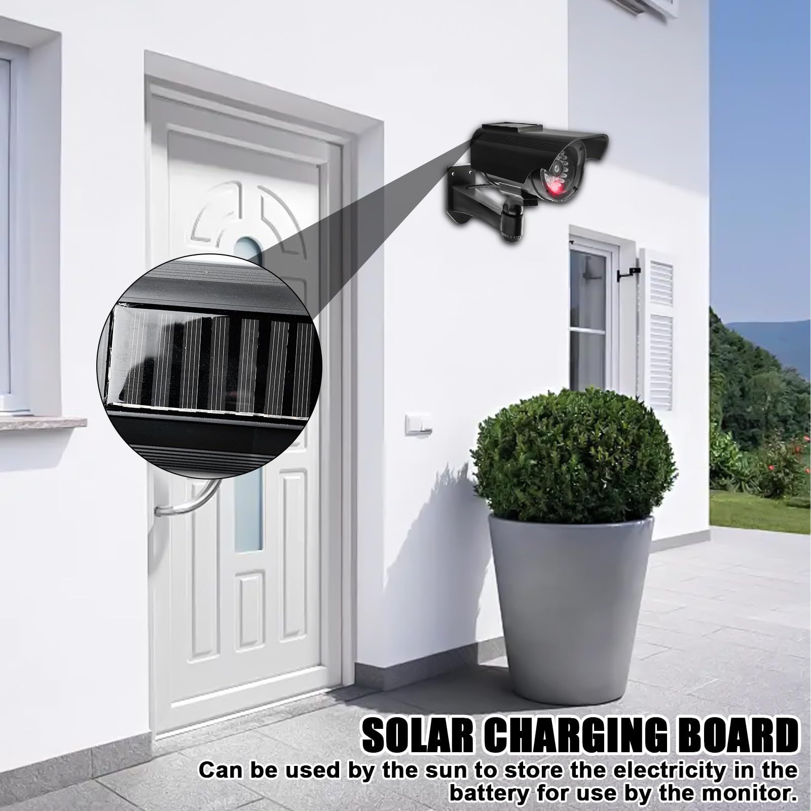 4 cámaras solares falsas, cámara simulada de seguridad, cámara de vigilancia falsa con LED intermitente, cámara exterior para pared, techo interior y exterior