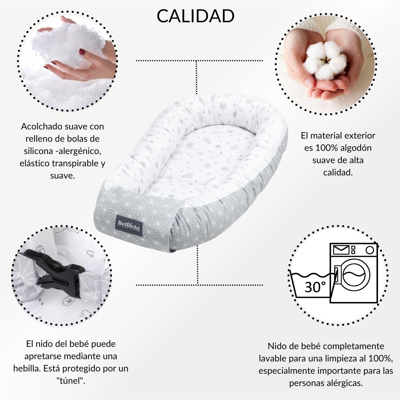 Bellochi Nido Bebe Recien Nacido Reductor de Cuna Nido para Bebe - 100% Algodón - Oeko-Tex Certificado - 90x60x12cm con Bordes Protectores - Star Copse