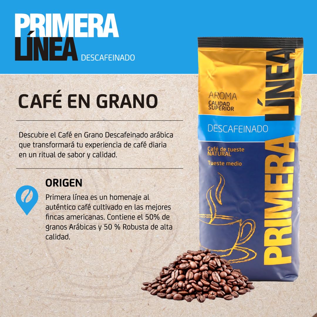 CAFÉ PRIMERA LÍNEA | Café Descafeinado Grano Natural Gourmet Exclusivo 1kg | Tueste Medio | Sabor Único y Auténtico| Ideal para Máquinas Espresso y Superautomáticas | Aroma Intenso