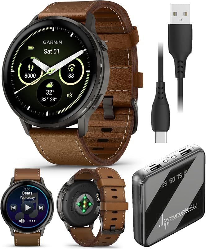 Garmin Venu 4 45mm AMOLED Advanced Health & Fitness GPS Smartwatch, Colorful Display, Flashlight, Up to 12 Days Slate w/Black Silicone & Brown Leather Bands w/Wearable4U PowerBank Bundle