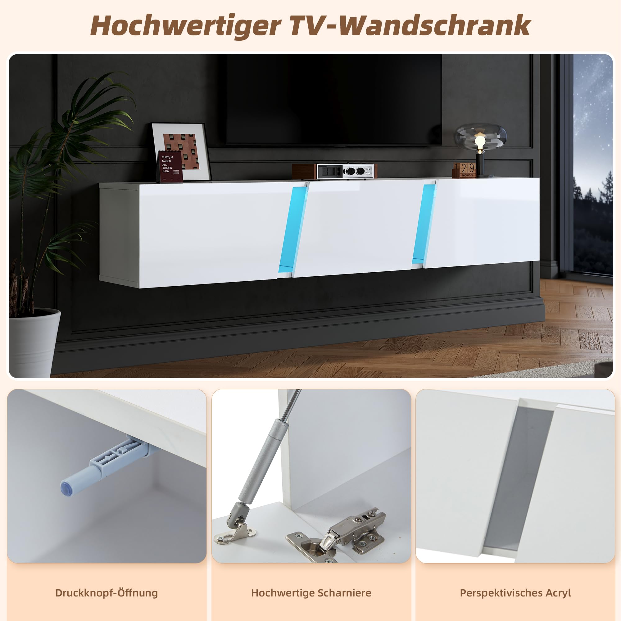 Meuble TV Mural avec lumières LED 3 Portes Lowboard pour téléviseur 75 Pouces Brillant pour Salon Salle à Manger Meubles Bas Blanc