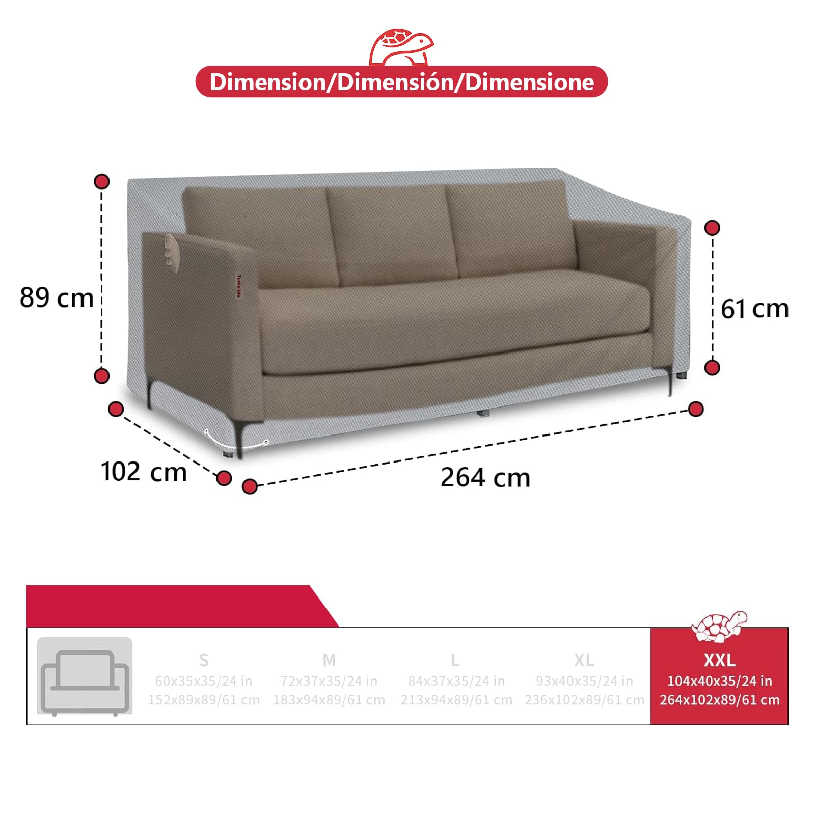 Turtle Life Copridivano da giardino, patio, esterno, resistente, resistente ai raggi UV e all'acqua, anti-scolorimento, con prese d'aria, grigio, 264 x 102 x 89 cm