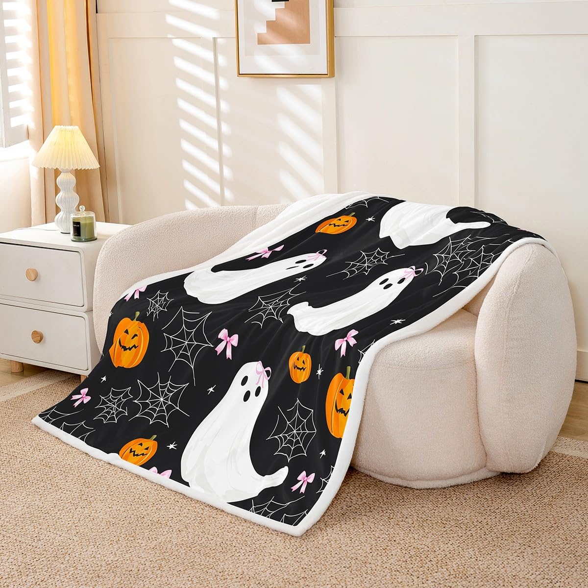 Homewish Pajęczyna szerpa koc duch kokarda puszysty pluszowy narzuta kokarda dynia Halloween kawaii kreskówka festiwal polarowy koc - czarny różowy dziewczyny ciepła miękka pościel dekoracja na łóżko