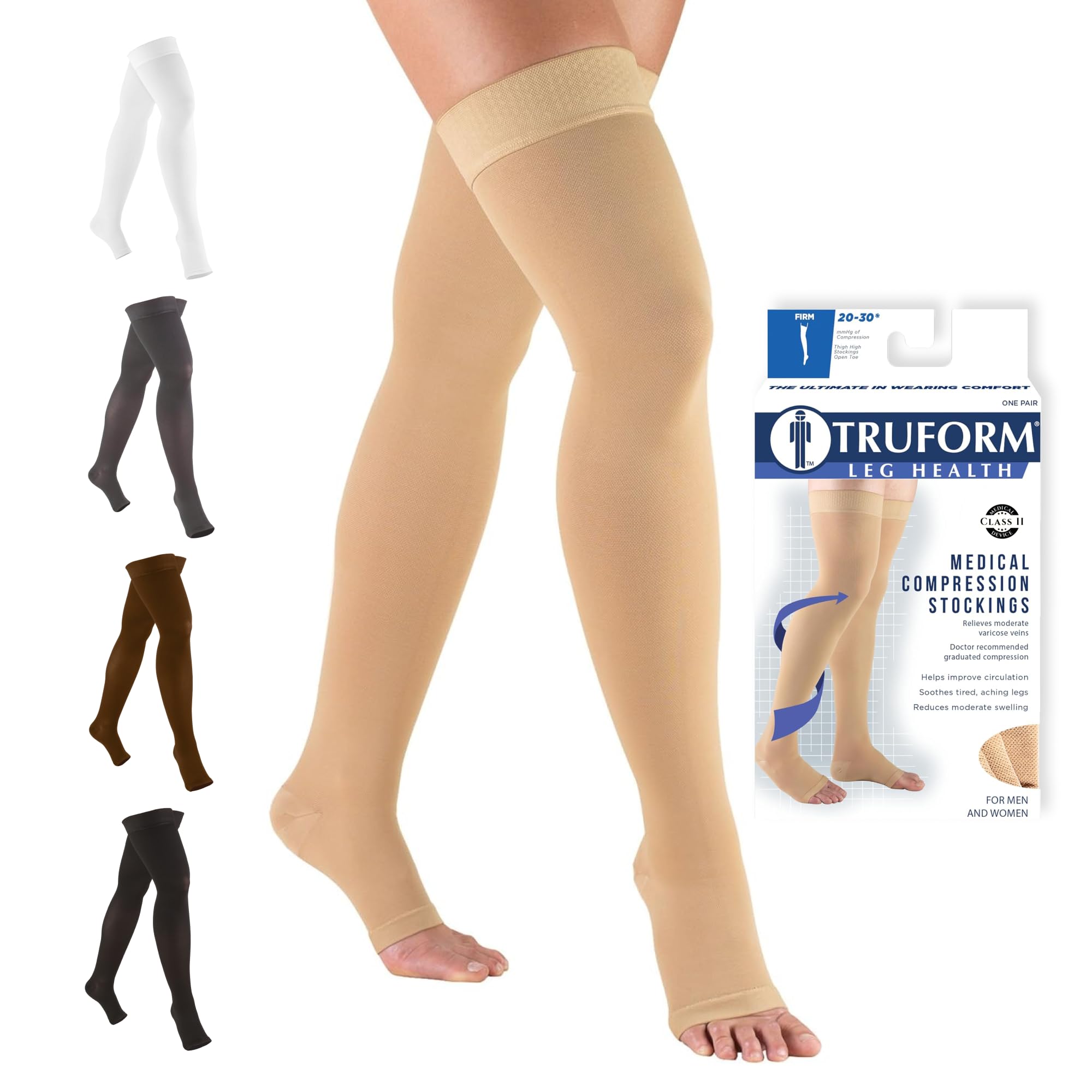 Truform 20-30 mmHg Compression Stockings for Men and Women, Thigh High Length, Dot-Top, Open Toe, Beige, Large