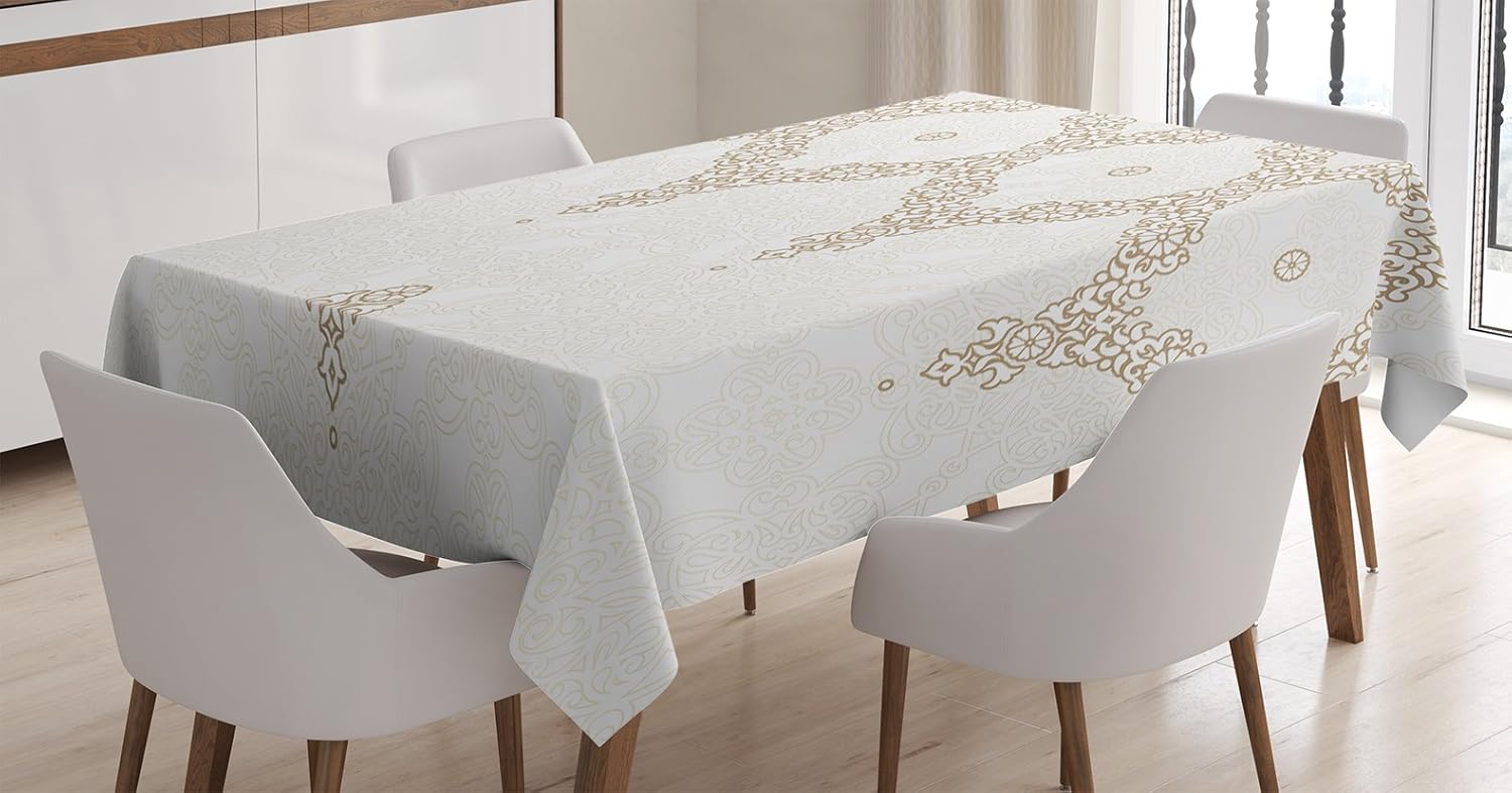 Ambesonne Moroccan Tablecloth, Ornate Background with Traditional Soft Color Eastern Elements and Pattern, Dining Room Kitchen Rectangular Table Cover, 52" X 70", Camel White 52" X 70" Camel White